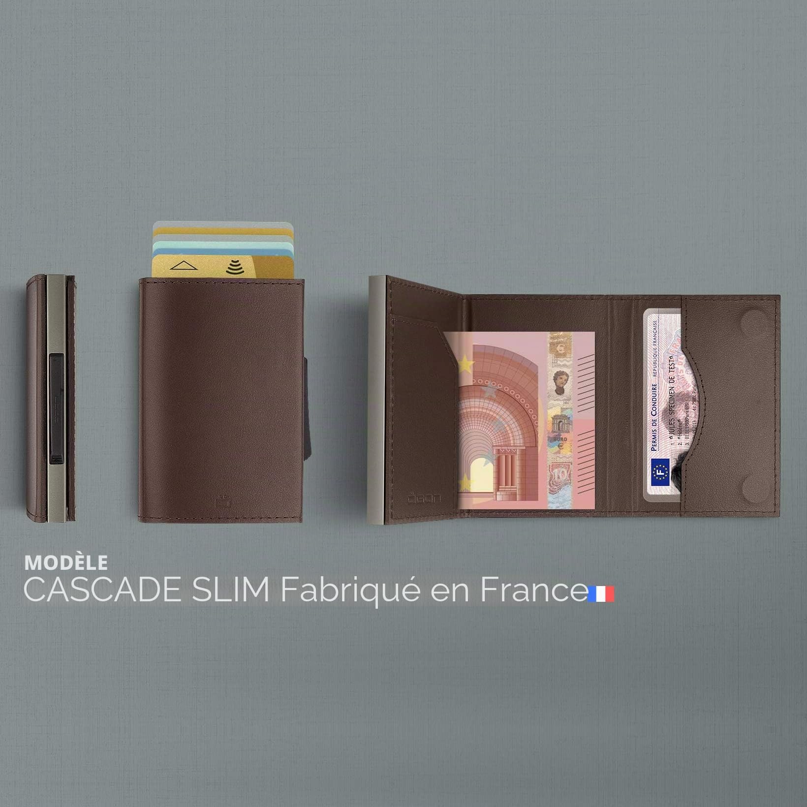 Portefeuille automatique en aluminium et cuir. Modèle : CASCADE SLIM