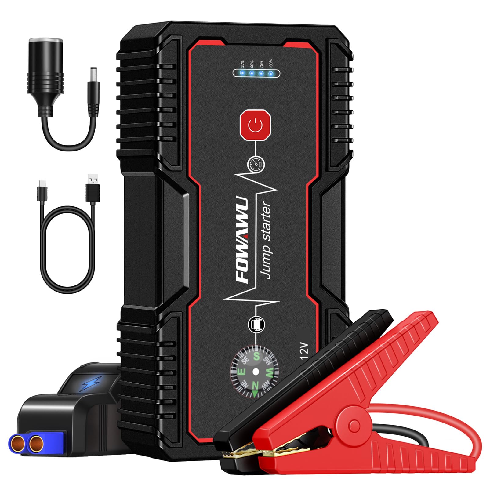 FOWAWU Arrancador de Coches,25800mAh 5000A Arrancador de Baterias de Coche(para 10L de Gasolina o 8.0L de Diésel), con Carga Rápida QC3.0,Linterna LED, DC 12V,Brújula,Garantía de 2 años(Negro)