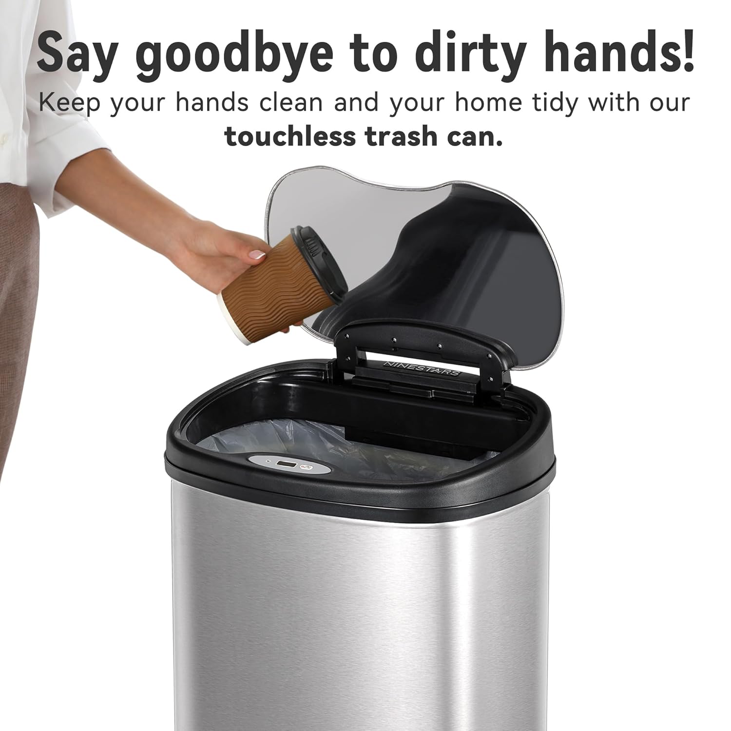 Ninestars 13 Gallon & 3.2 Gallon Automatic Trash Can Combo Set Best for Kitchen & Bathroom, Stainless Steel Garbage Can w/Black Lid, Smart Large Touchless Montion Sensor Trash Can Combo Set 2Pcs