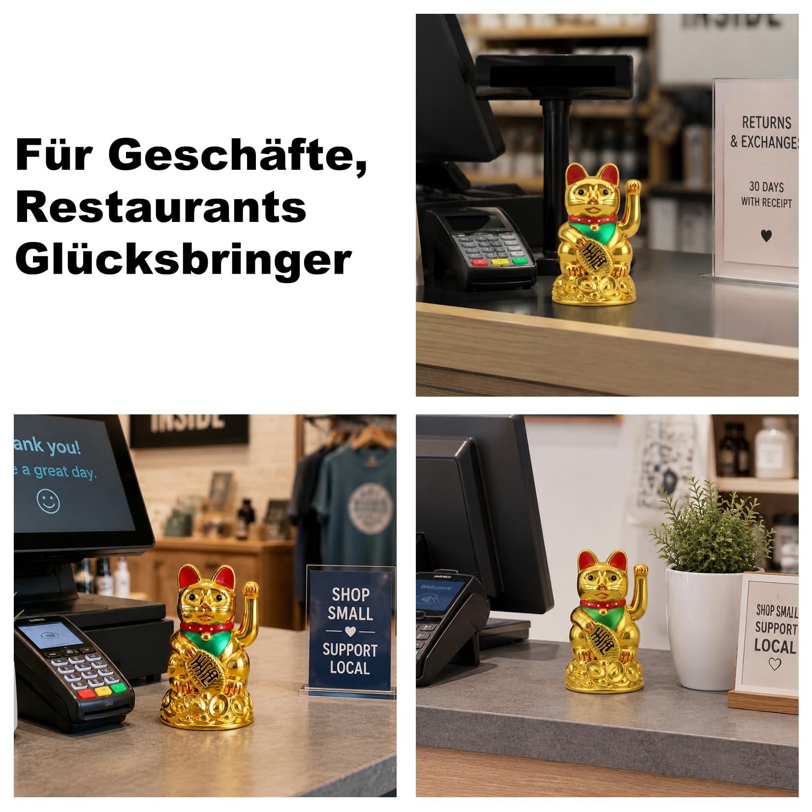 Starlet24 - Gatto portafortuna “Maneki Neko” con zampina che si muove, per feng shui, Plastica, gold, 11 cm