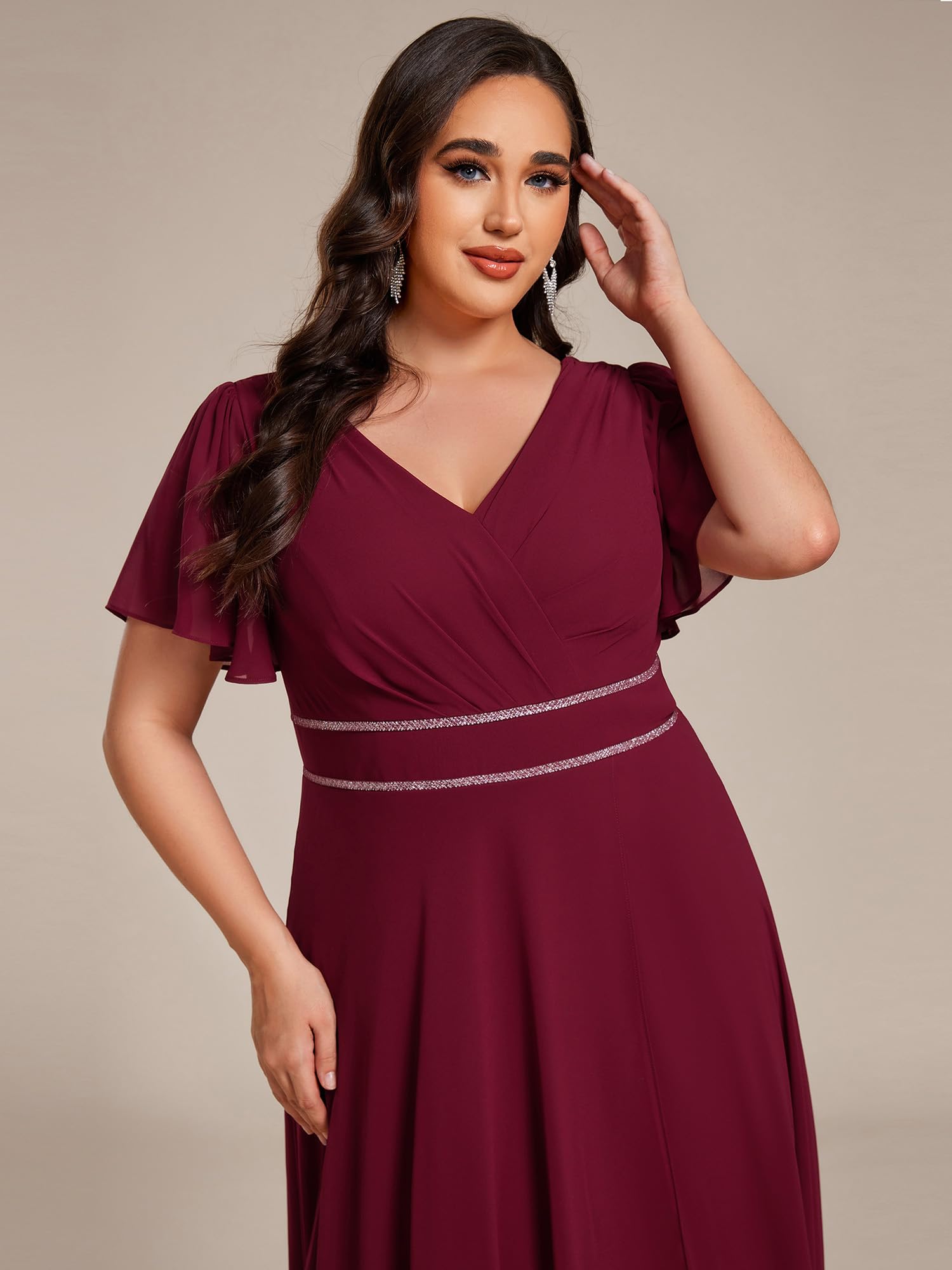 Ever-Pretty Plus Abito da sera formale da donna con scollo a V in chiffon con perline pieghettate maniche corte lunghezza tè plus size abiti da sera formali 41981-, Borgogna, 52