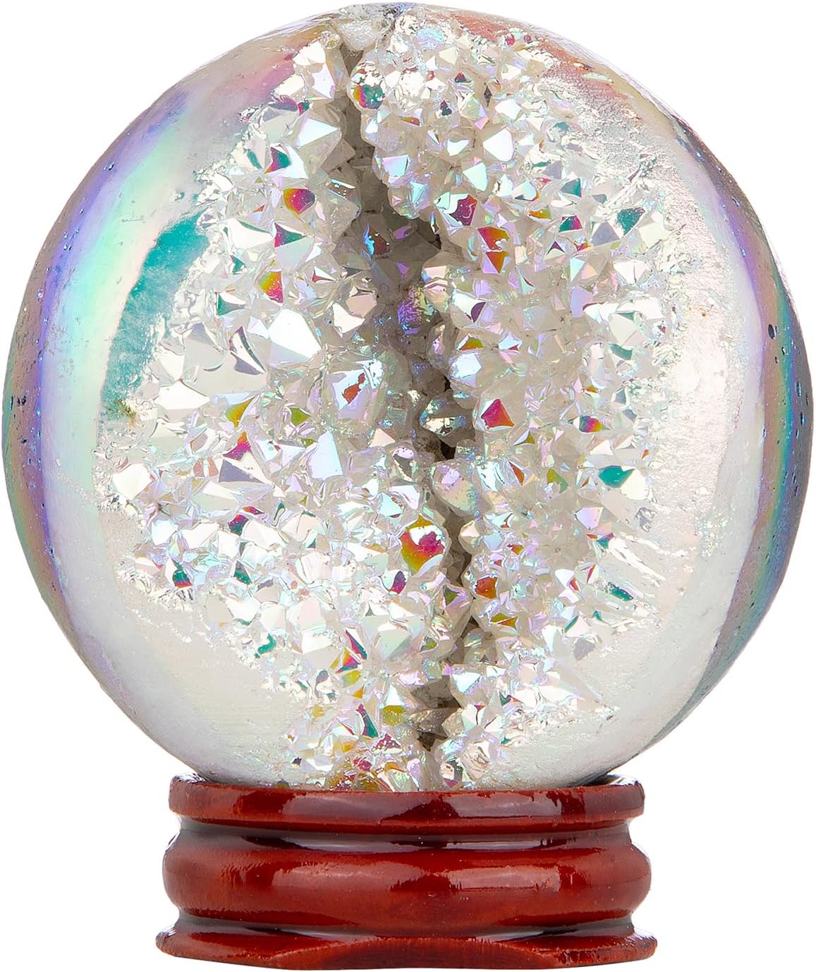 Rockcloud Titanium Coated White AB Quartz Crystal Sphere with Wood Stand, Natural Rock Crystal Geode Ball for Divination Home Decor, 51-60mm
