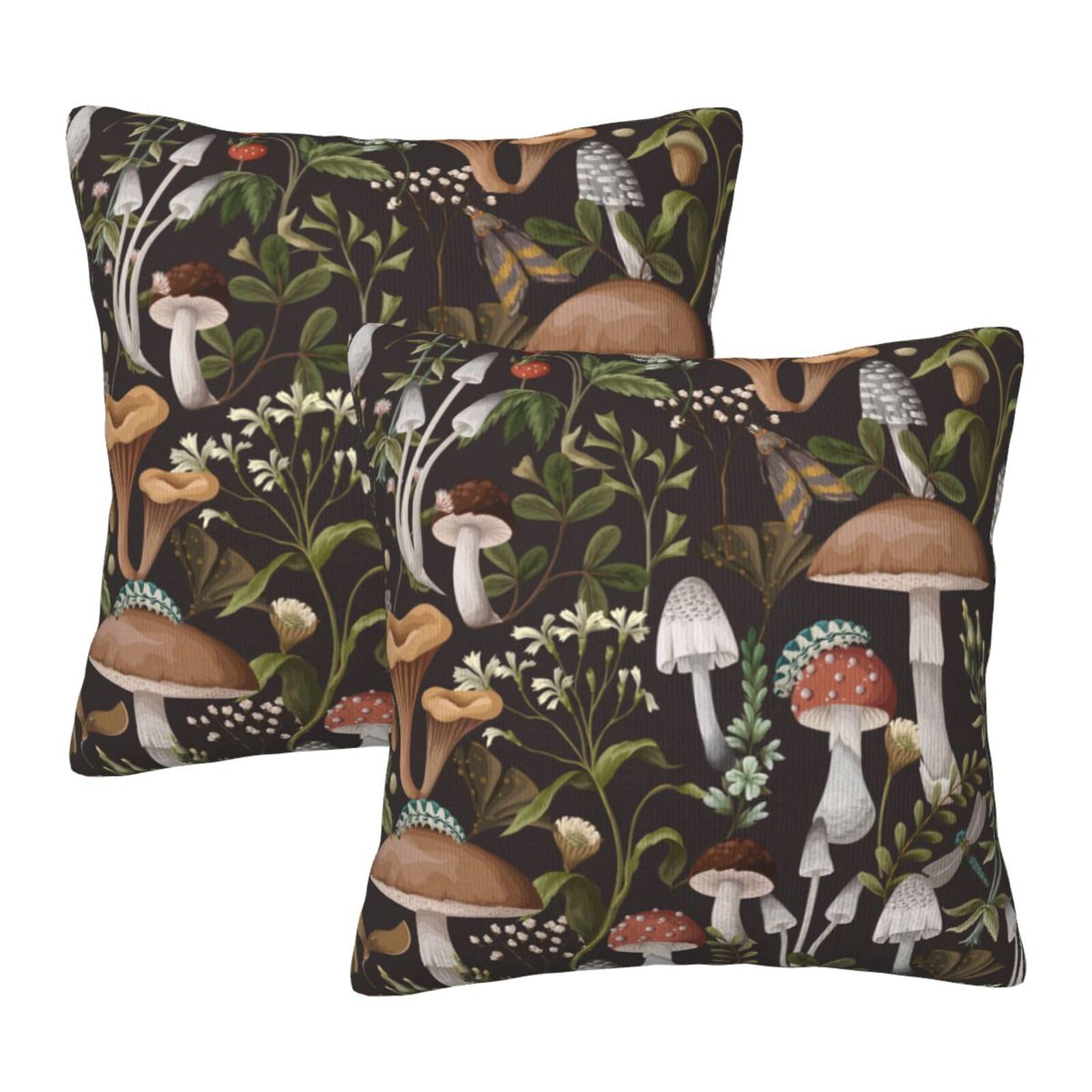 Coshatsu Mushroom Throw Pillow Covers 18x18 Inch Floral Pillow Case Farmhouse Black Pillow Cover Summer Fall Square Cushion for Living Room Couch Sofa