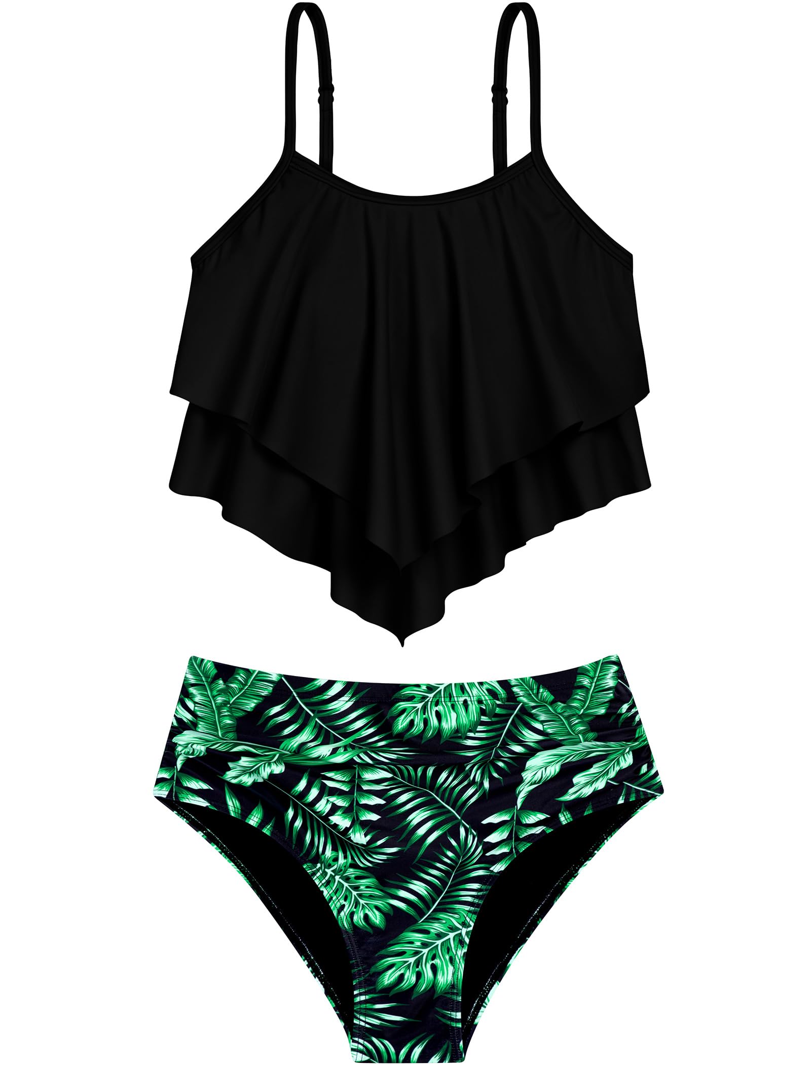 HOZIY Girls Bikini 2 Piece Swimsuit Set Tiered Flounce Bathing Suit Adjustable Straps Girls' Swimwear 7-8 Years Black+tropical Leaves