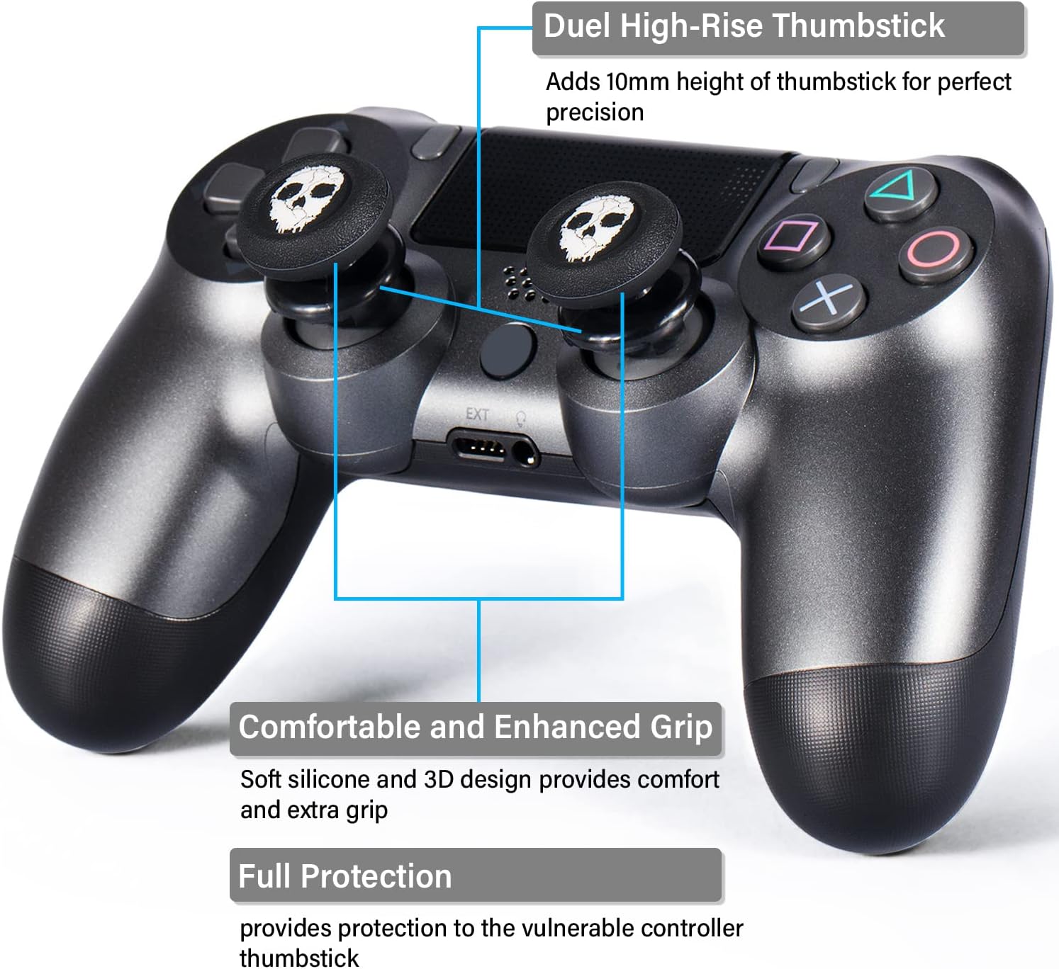 FPS Thumbstick Extender & Printing Rubber Silicone Grip Cover 2 Sets for PS5 Dualsenese & PS4 Controller (Ghost) - Image 4