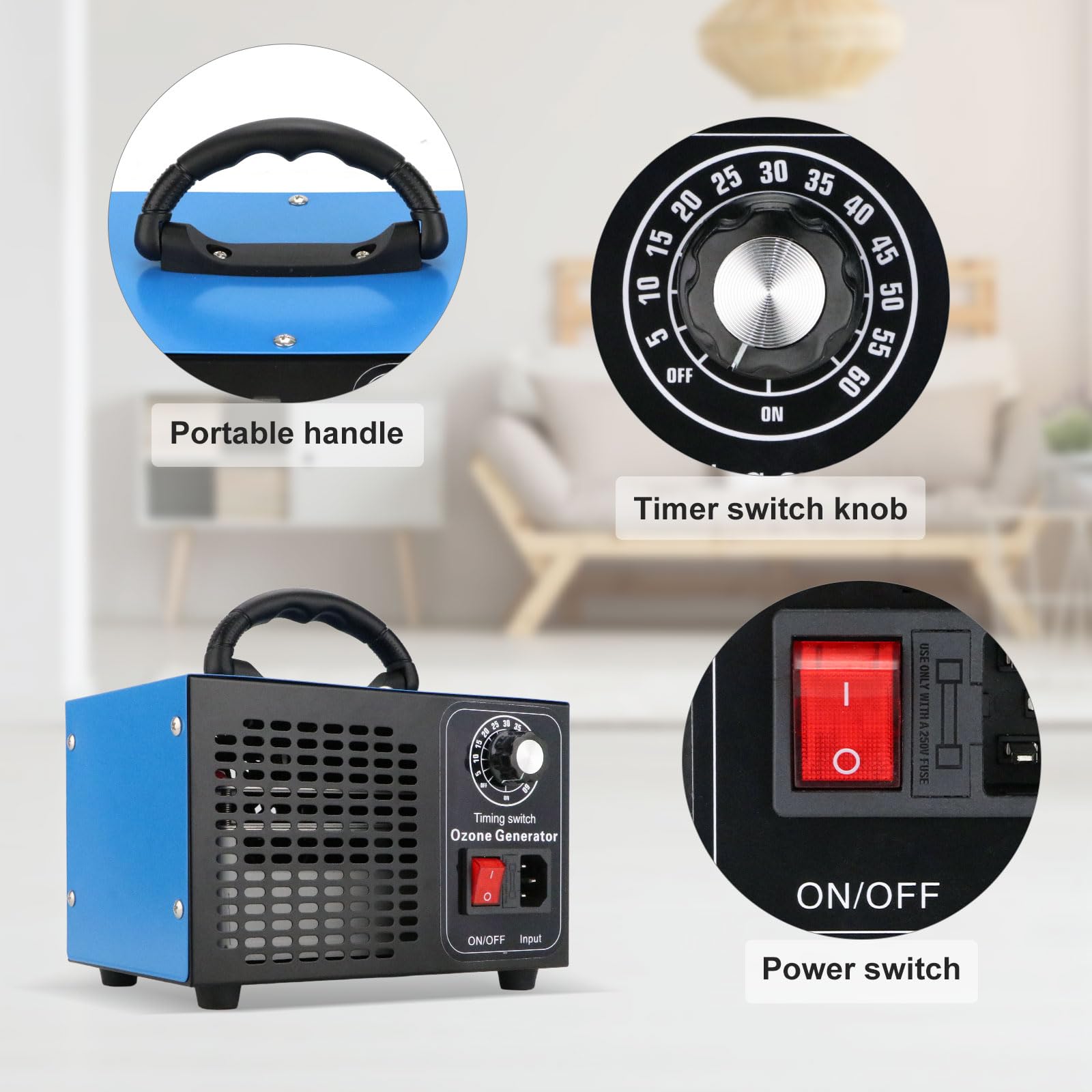 Anesty Generatore di ozono 60000 mg/h, dispositivo di ozono con timer, 100 W, 60 g/h, purificatore d'aria O3, per eliminare gli odori in auto, casa, cantina, appartamento, animali domestici e