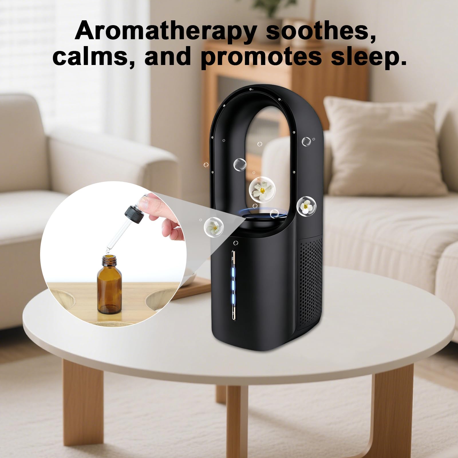 Rotorloser Turmventilator Leise mit Luftreiniger, 3 Geschwindigkeitsstufen, Touch, Aroma-Diffuser, Bladeless Fan für Zuhause