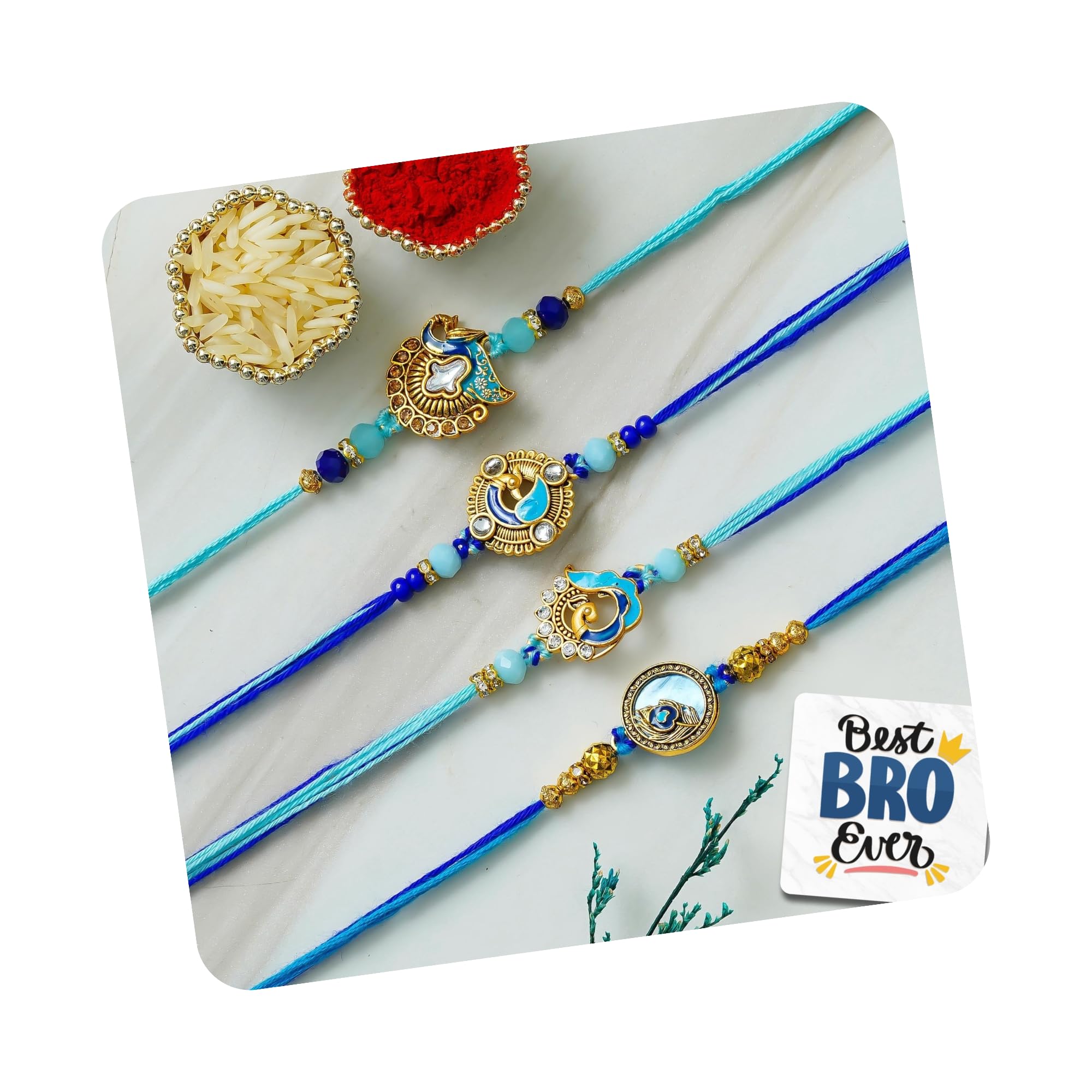 eCraftIndia Set of 4 Peacock Designer Rakhis | Best Bro Ever Fridge Magnet | Roli Chawal Pack | Peacock Rakhi for Brother Bhaiya Bhai Bhabhi Kids-picture-31