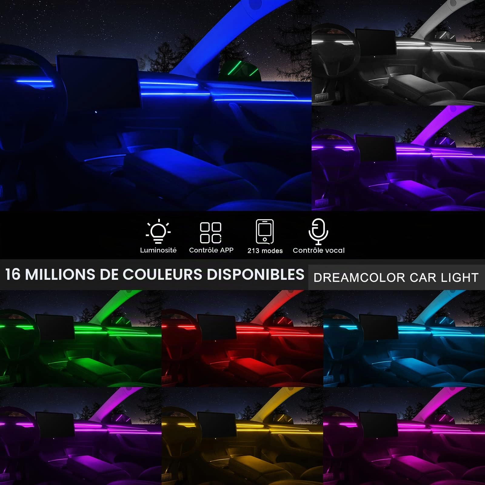 Bande LED acrylique voiture application sans fil RVB 10 en 1 kit éclairage d'ambiance 175 pouces 593 LED fibre optique 16M couleurs