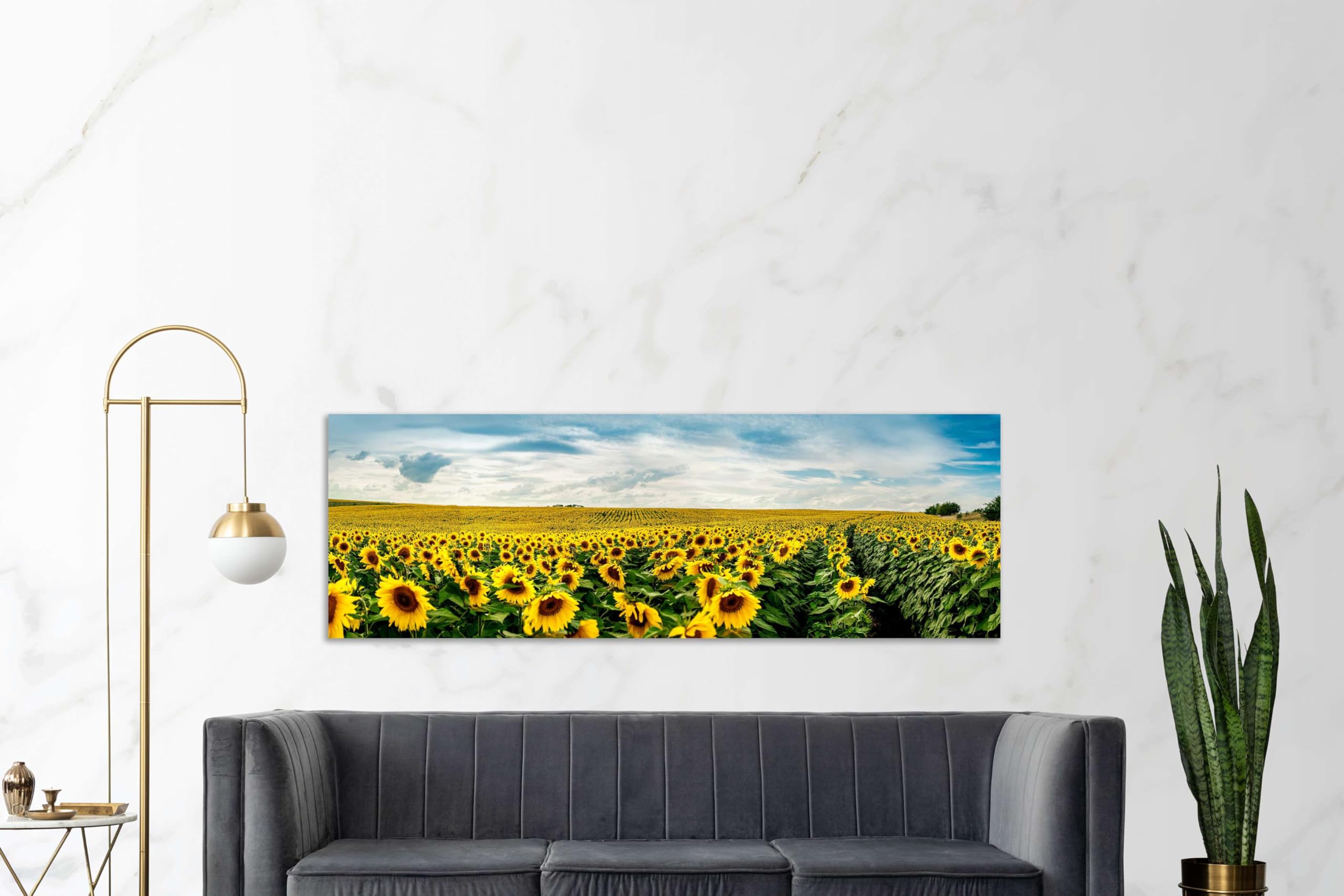 Panorama campo di girasoli - Quadro Stampa su Tela con Telaio in legno - 120x40 cm