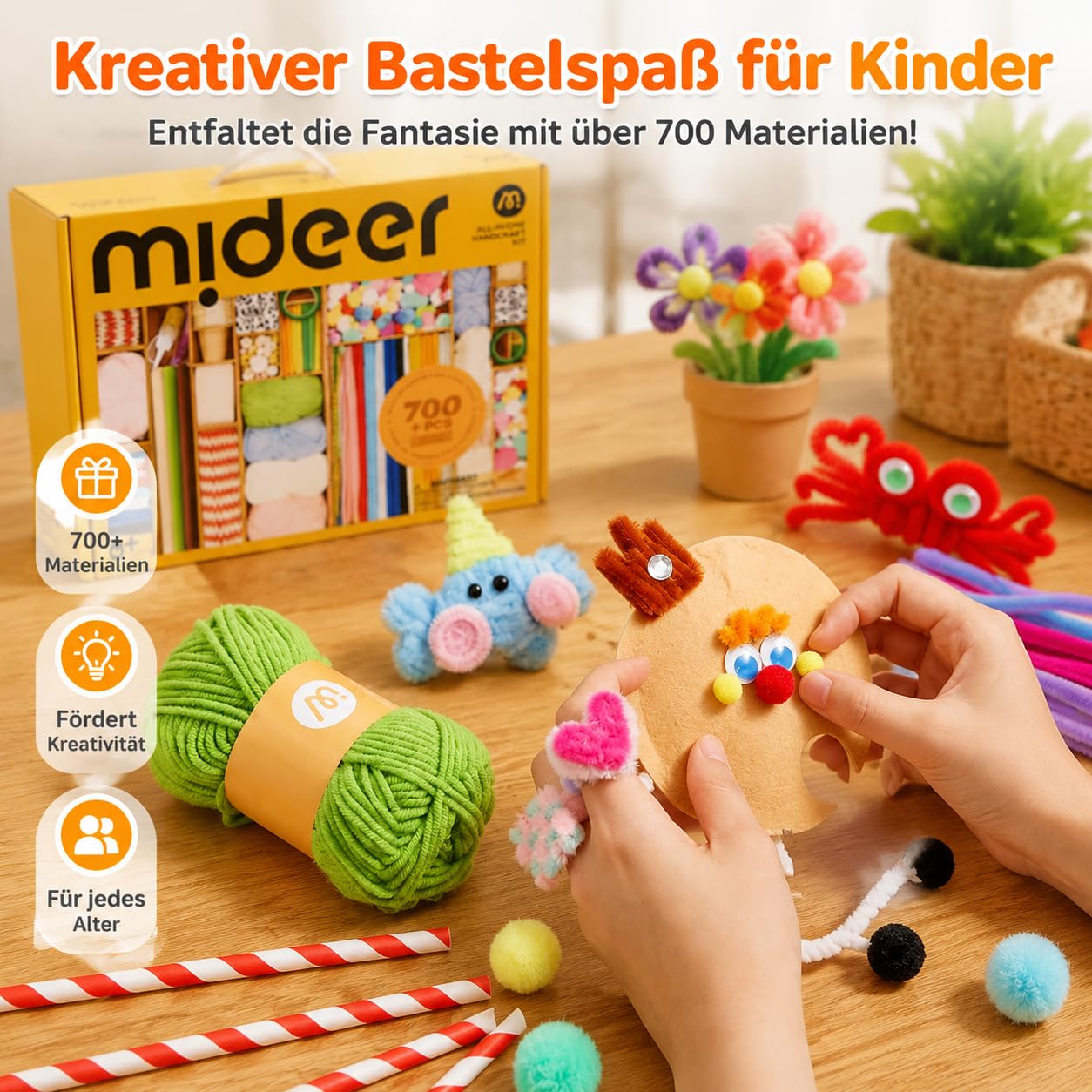 Qianly Bastelset für Jungen & Mädchen, über 700 Teile DIY Bastelkoffer mit Pfeifenputzer zum Basteln, Pompons, Holzperlen, Karton, Anleitung, Lernspielzeug