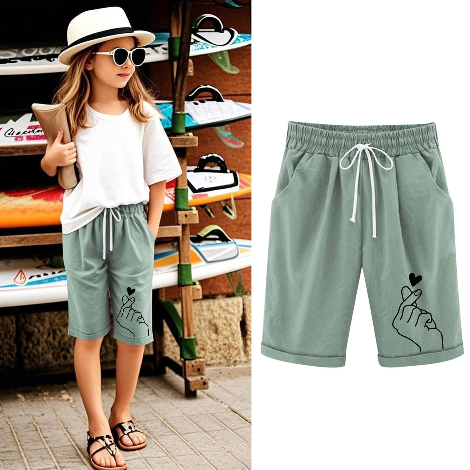 Generisch Leinenhose Kurze Mädchen Leicht Shorts Sommer Freizeit Hose Baumwolle Leinen Strandshorts Elastische Taille Sommerhose Elegant Einfarbig Stoffhose mit Taschen Sweatshorts