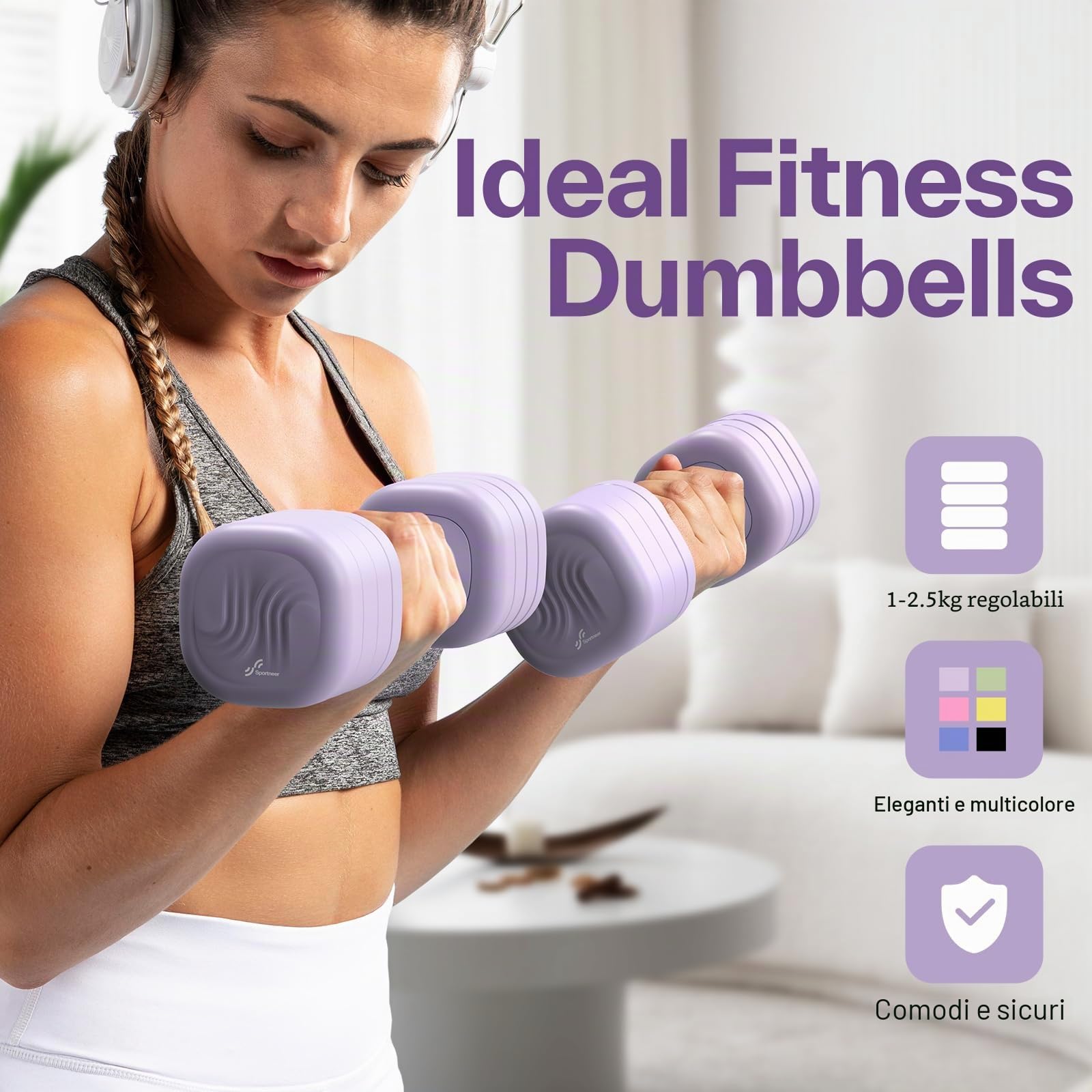 Sportneer Set di manubri regolabili da donna, set da 2 manubri da 1 a 2,5 kg, set di manubri regolabili 4 in 1, attrezzi per il fitness per la casa, per l'allenamento della forza, regalo