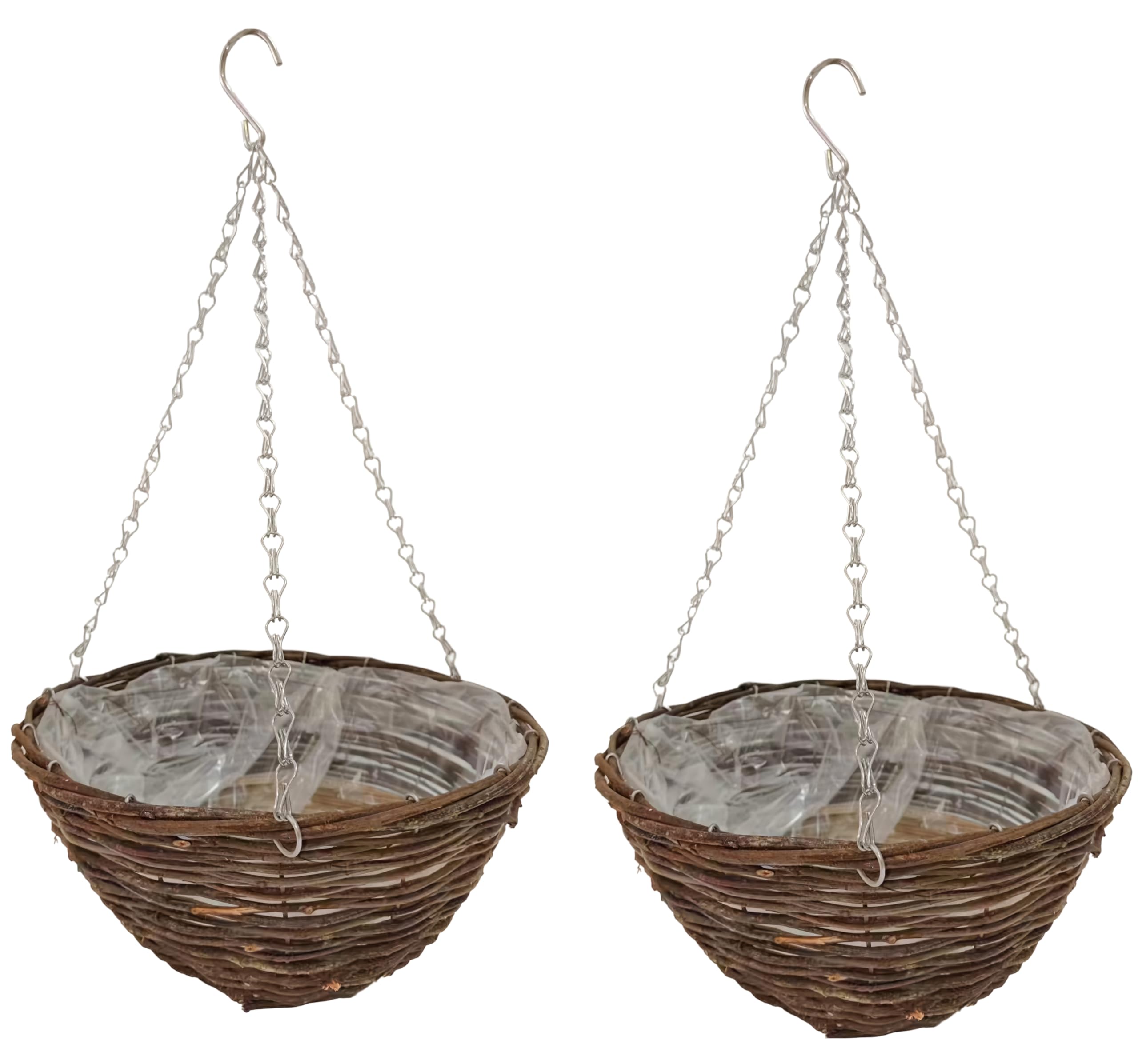 Quickdraw Brown 2 X Rattan Hanging Baskets 14” – Round Outdoor Planters With Liner & Chains – Weather Resistant Wicker Basket Flower Pots For Garden Plants & Flowers