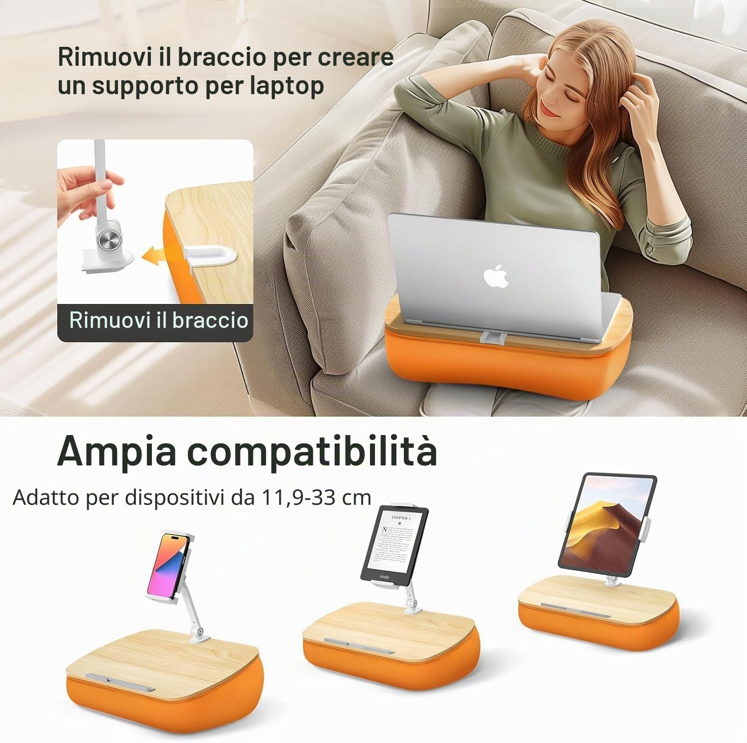 Supporto Cuscino Tablet, Porta Tablet con braccio regolabile, compatibile con iPad, Kindle, Cellulare (4,7-13"), scrivania per la lettura a mani libere a letto, sul divano (Arancione)