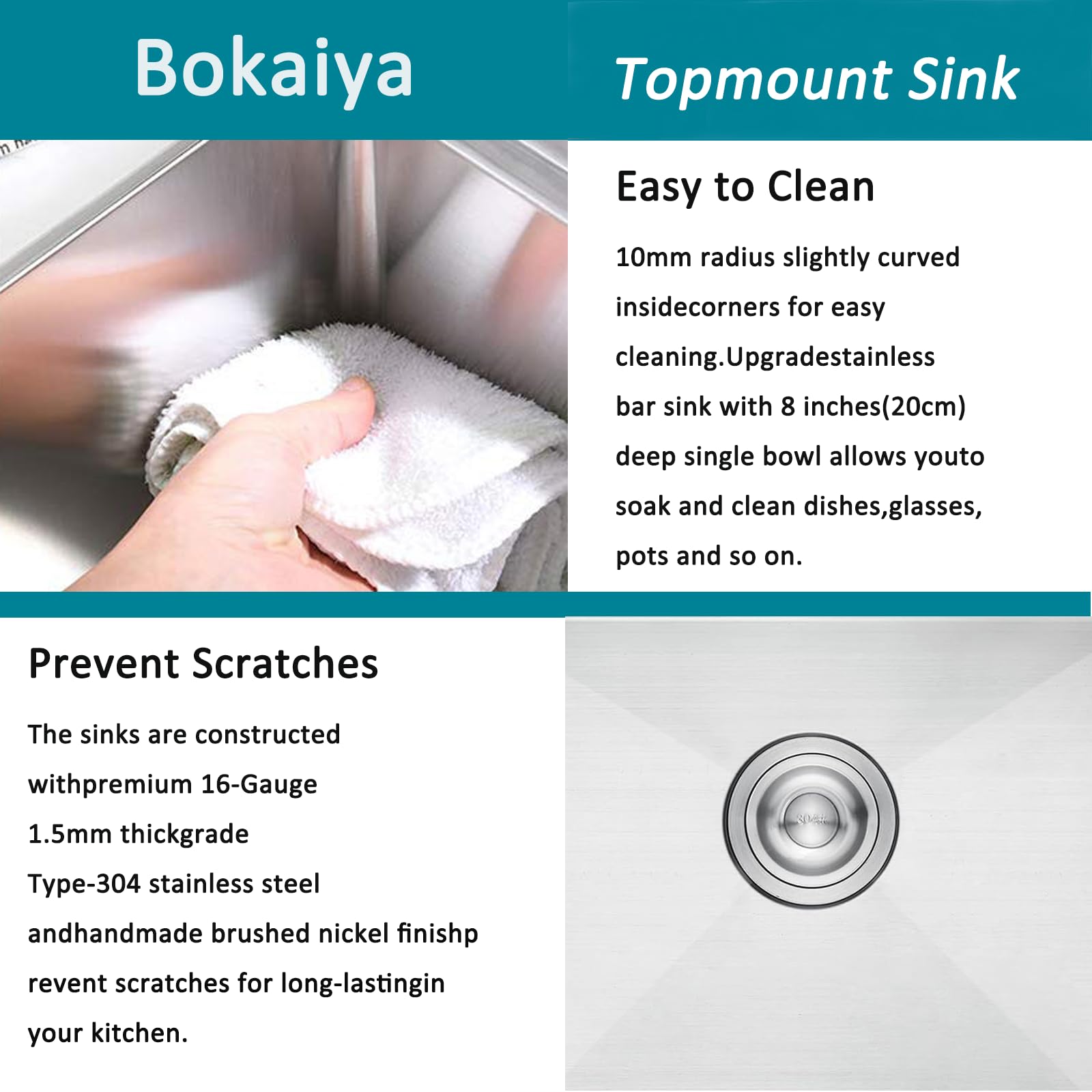 Bokaiya Lavello Cucina 1 Vasca, 55x45 cm, Lavandino Cucina in Acciaio Inox, Lavello da Esterno per Camper con Set di Drenaggio e 2 Fori di Preforato, Installazione a Sopratop o Filotop, Spazzolato