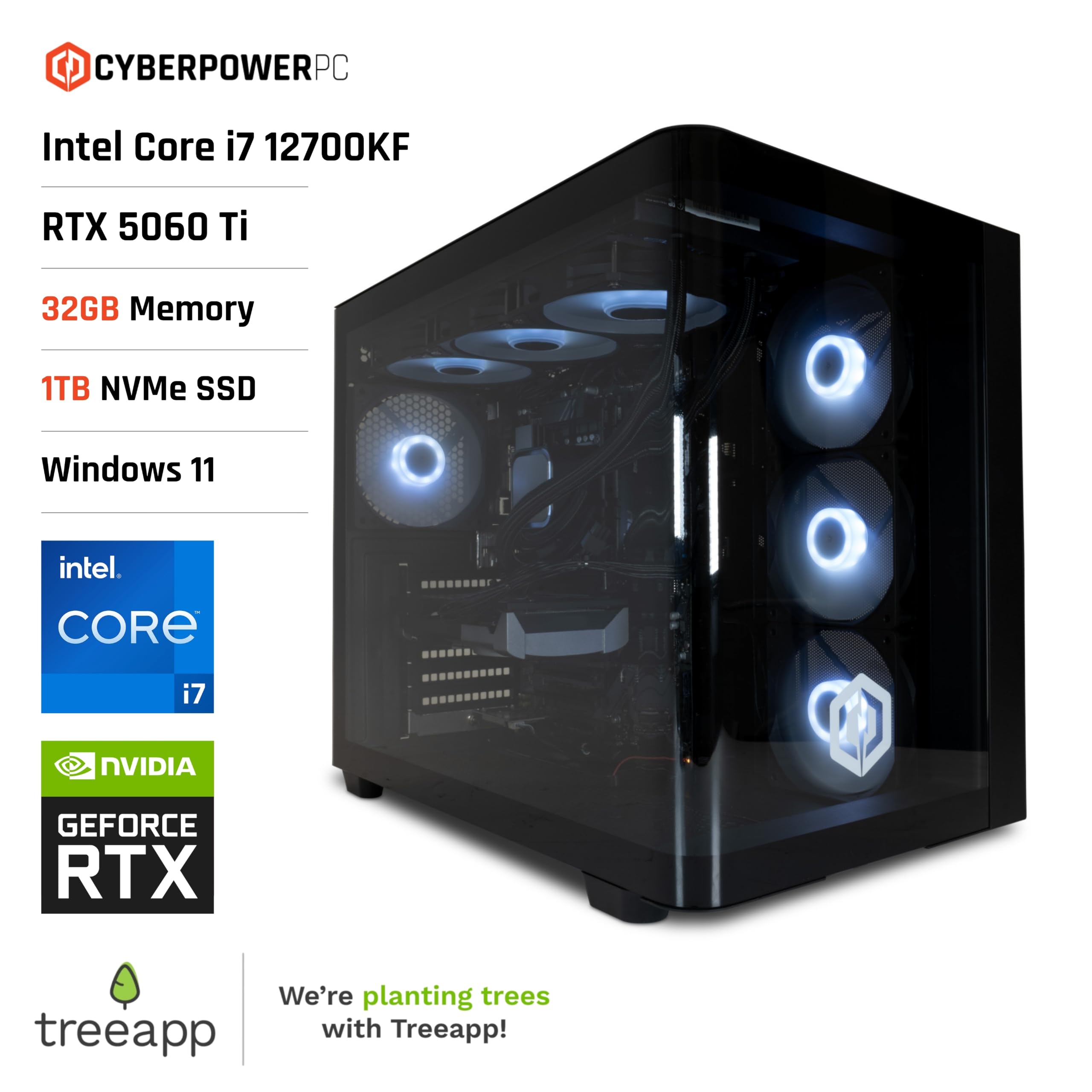 CyberpowerPC Luxe Gaming PC - Intel Core i7 12700KF, Nvidia RTX 5060 Ti, 32GB RAM, 1TB NVMe SSD, 650W PSU, Windows 11, Liquid Cooling, Ark Curve Black