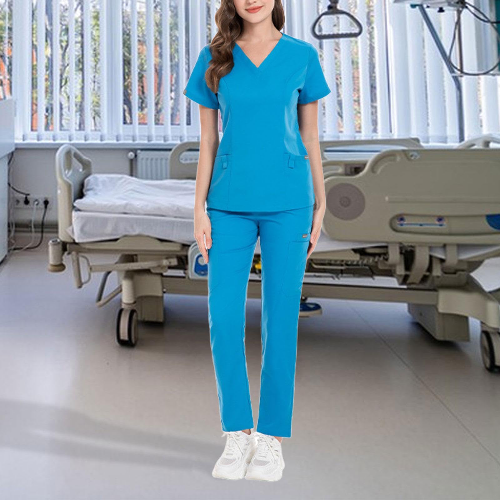 Uniforme Enfermera Traje Sanitario Conjunto Mujer Camiseta V Cuello Pantalón Práctico Ligero Material Poliéster Suave Adecuado para Hospitales Masajes