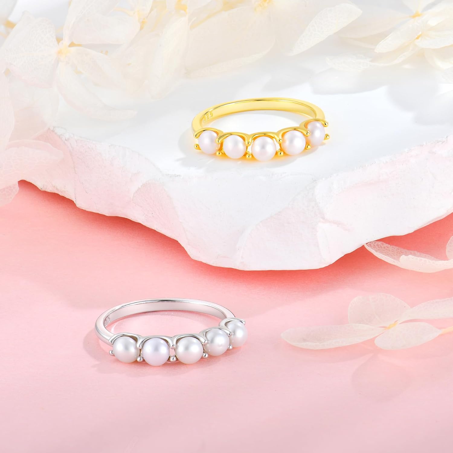 Freshwater Pearl Stackable Rings for Women 925 Sterling Silver 5 Pearls Diameter 4 mm Half Eternity Engagement Promise Wedding Band Rings Jewelry for Size 6-9