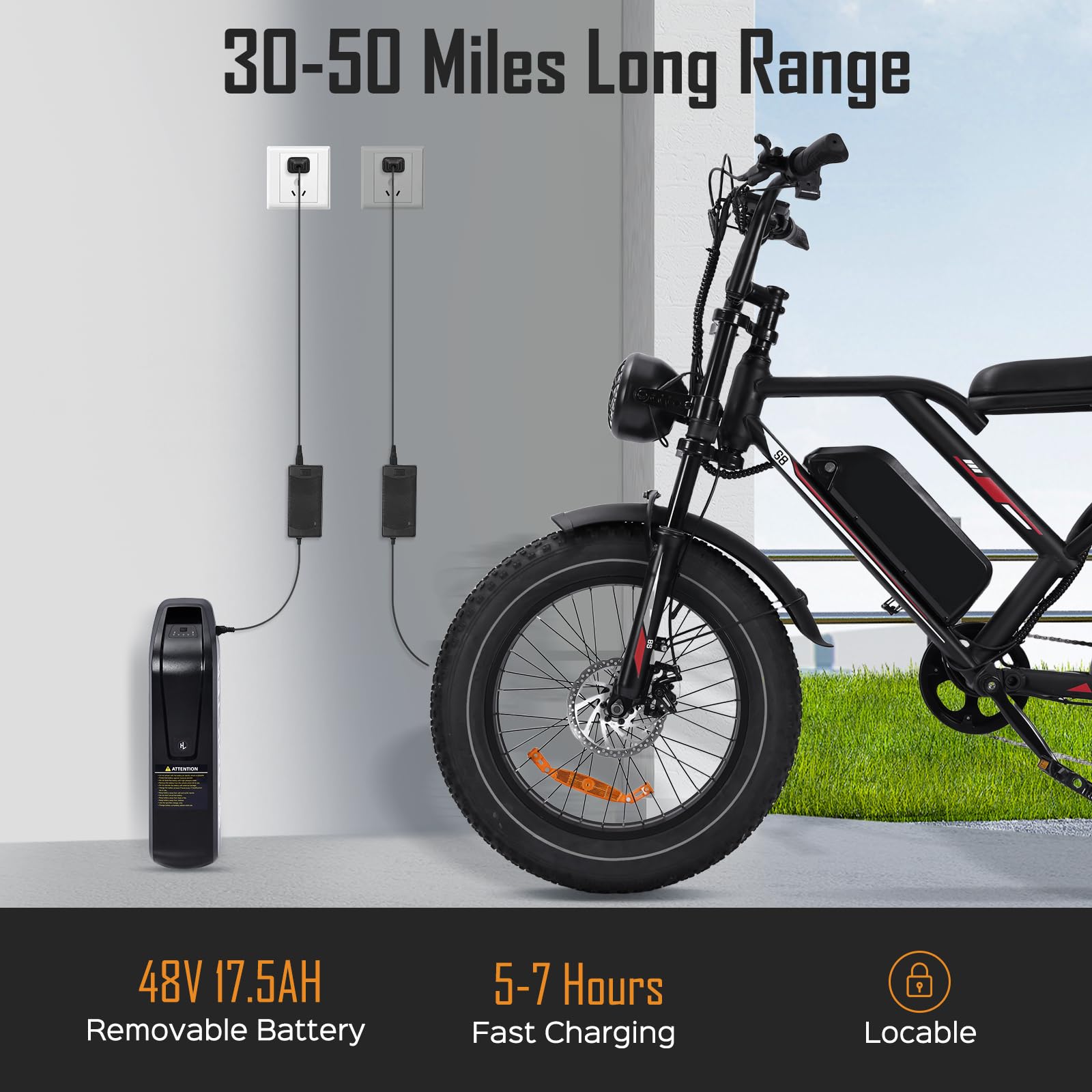 Bicicleta Eléctrica para Adultos, Autonomía Máxima de 50-80 km, Bicicleta Eléctrica con Neumáticos Gruesos de 20", Batería extraíble de 48V y 17.5Ah