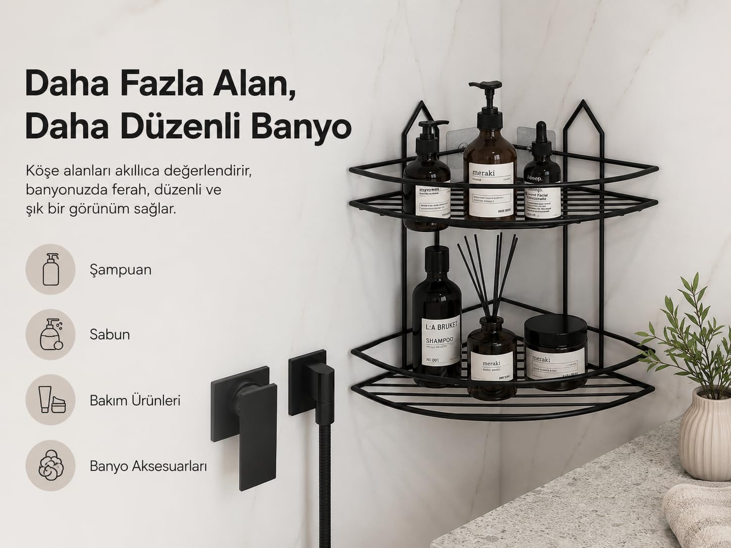 Alper Banyo Siyah 2 Katlı Köşe Banyo Rafı, Hem Yapışkanlı Hem Vidalı Montajlı Duş Rafı, Metal Şampuanlık ve Banyo Organizer, Duvar Tipi Köşe Raf Düzenleyici