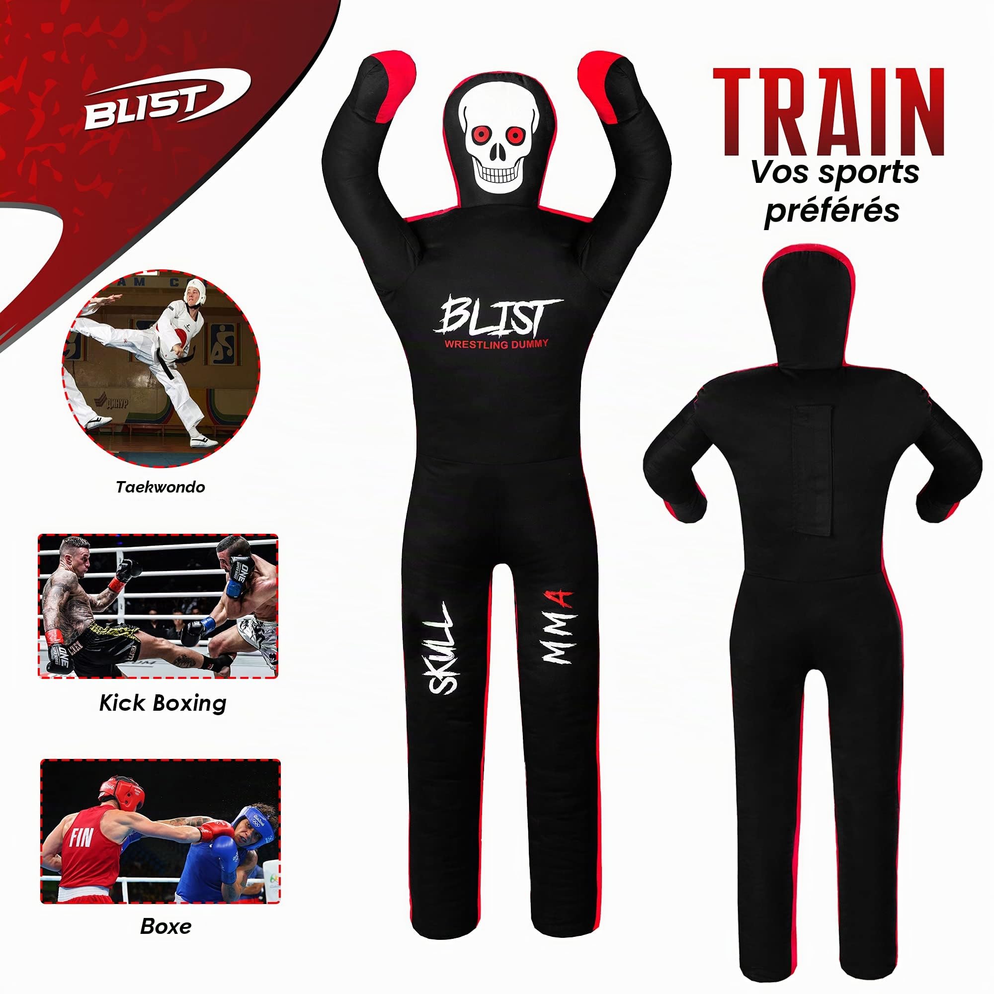 Blist MMA Grappling Dummy Sac de Frappe Judo Brésilien BJJ Jiu Jitsu Position Assise Lutte Arts Martiaux Boxe Karaté Entraînement (Non rempli), Noir, 177,8 cm