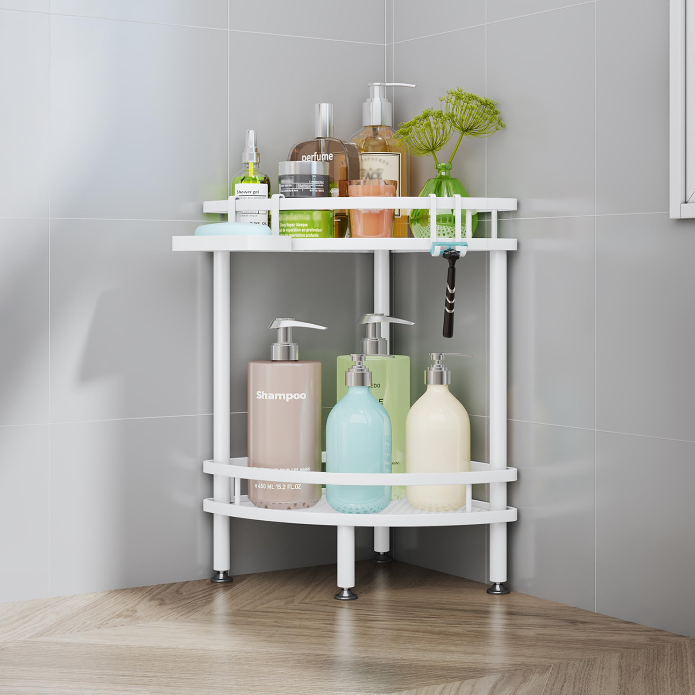 HapiRm Standing Corner Shower Caddy - 2 Tier Shower Organizer Corner with Soap Holder and 4 Hooks, Rustproof Bathroom Storage Shelves with Adhesives, White
