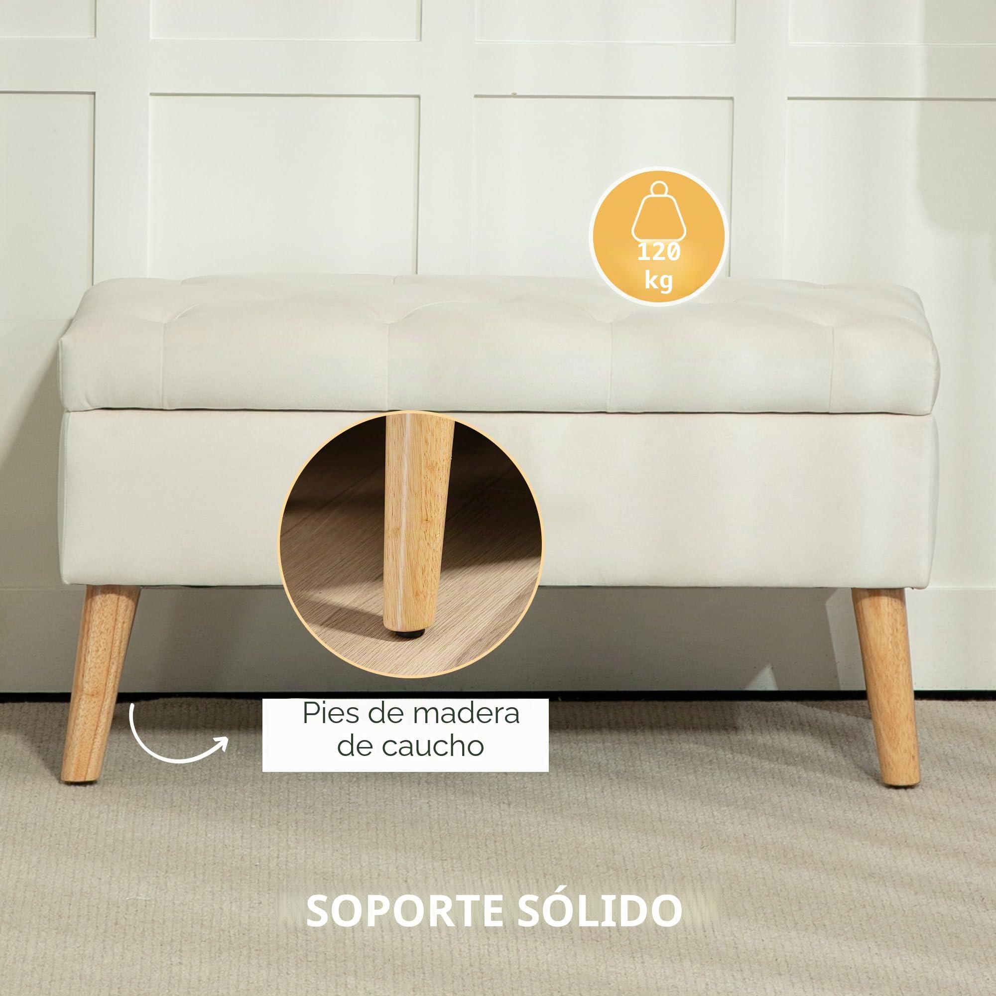 HOMCOM Banco de almacenaje, Caja de almacenaje, con Tapa, Tejido Efecto Terciopelo, Patas de Madera, Capacidad de Carga hasta 120 kg, para salón, Dormitorio, Pasillo, 80 x 35 x 40 cm, Crema