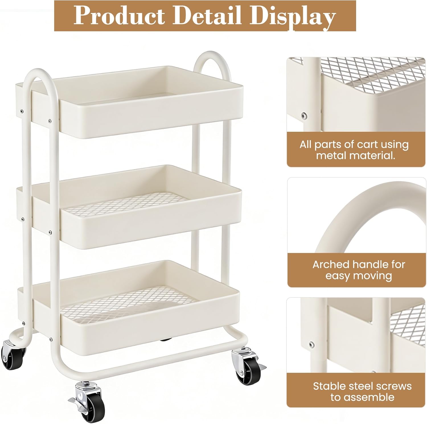 3 Tier Metal Rolling Cart, Utility Storage Cart Shelf Organizer with Wheels for Home & Office, Cream