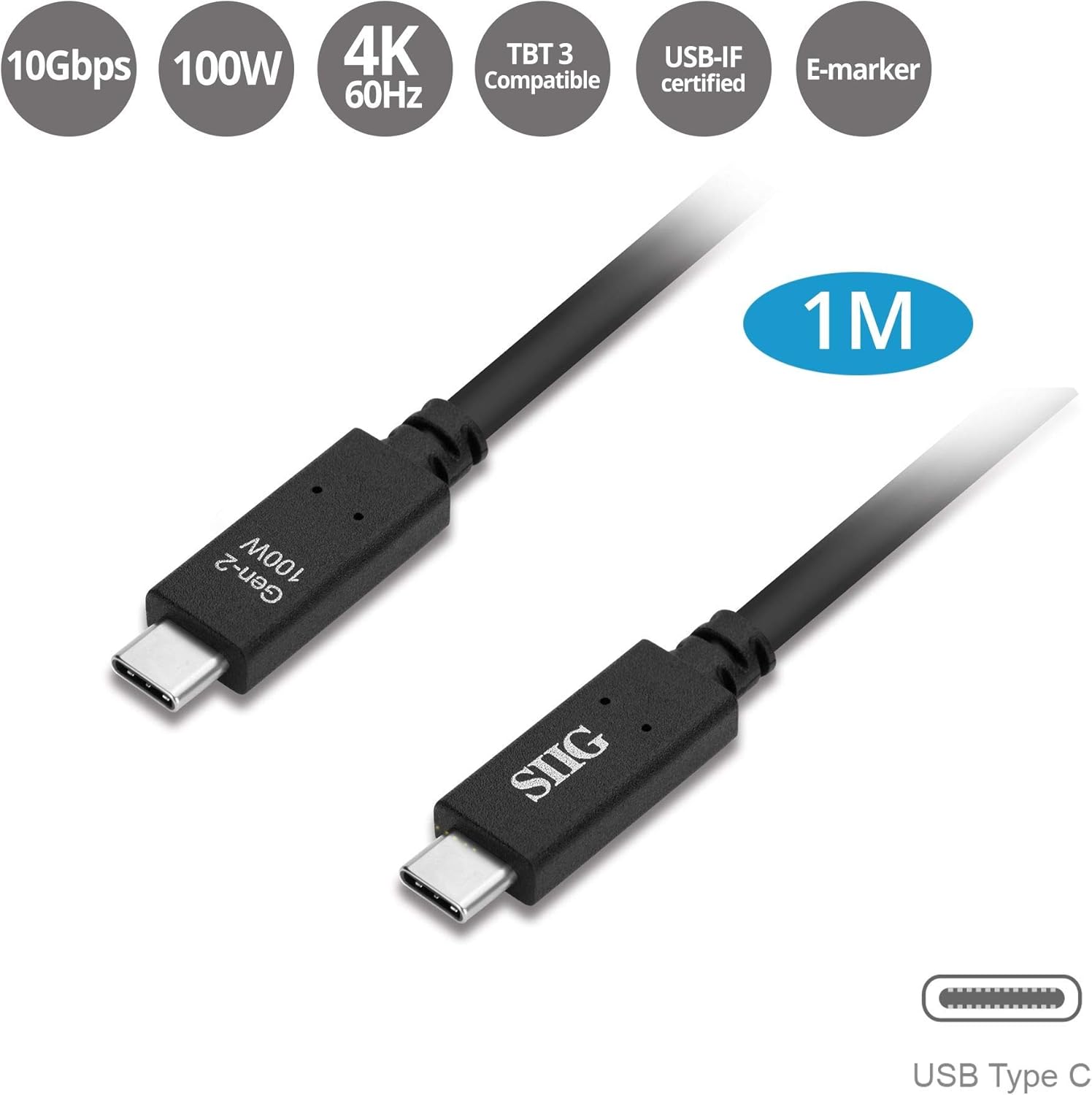 SIIG USB-C Cable 100W 3.3ft, USB-C to USB-C Fast Charging, 4K@60Hz, USB 3.1 Gen 2 up to 10Gbps, USB-IF Certified, Thunderbolt 3 Port Compatible with MacBook, iPhone 15/15 Pro, iPad, Galaxy S23, Black