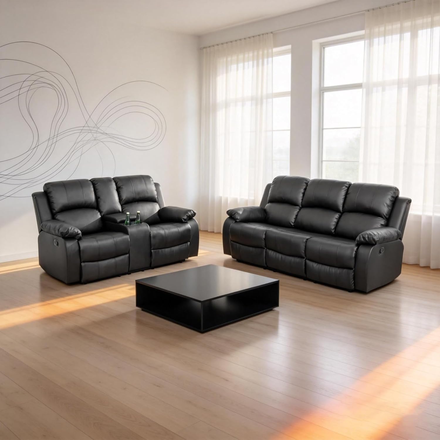 Manual Reclining Sectional Sofa Set, Leather Recliner Couches with Storage & Convertible Table, Living Room Furniture Sets with Multiple Combination for Home (Loveseat+Sofa, Black)