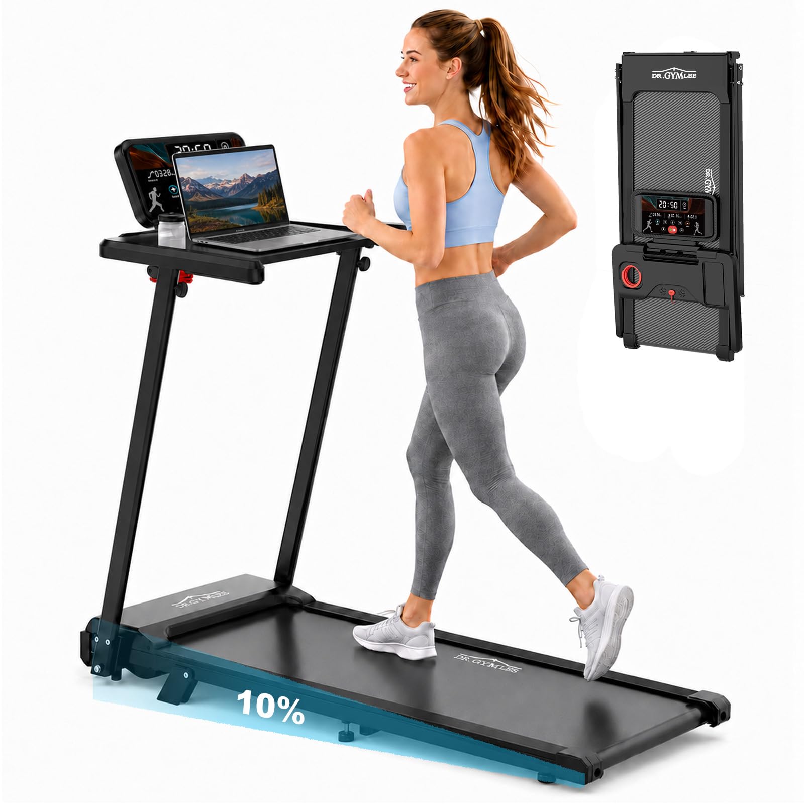 Drgymlee składana bieżnia do domu, bieżnia 12 km/h z nachyleniem 5,2%, cichy silnik 2.5HP, wyświetlacz LED, pas biegowy 105×42 cm, amortyzacja 5-warstwowa, udźwig 136 kg
