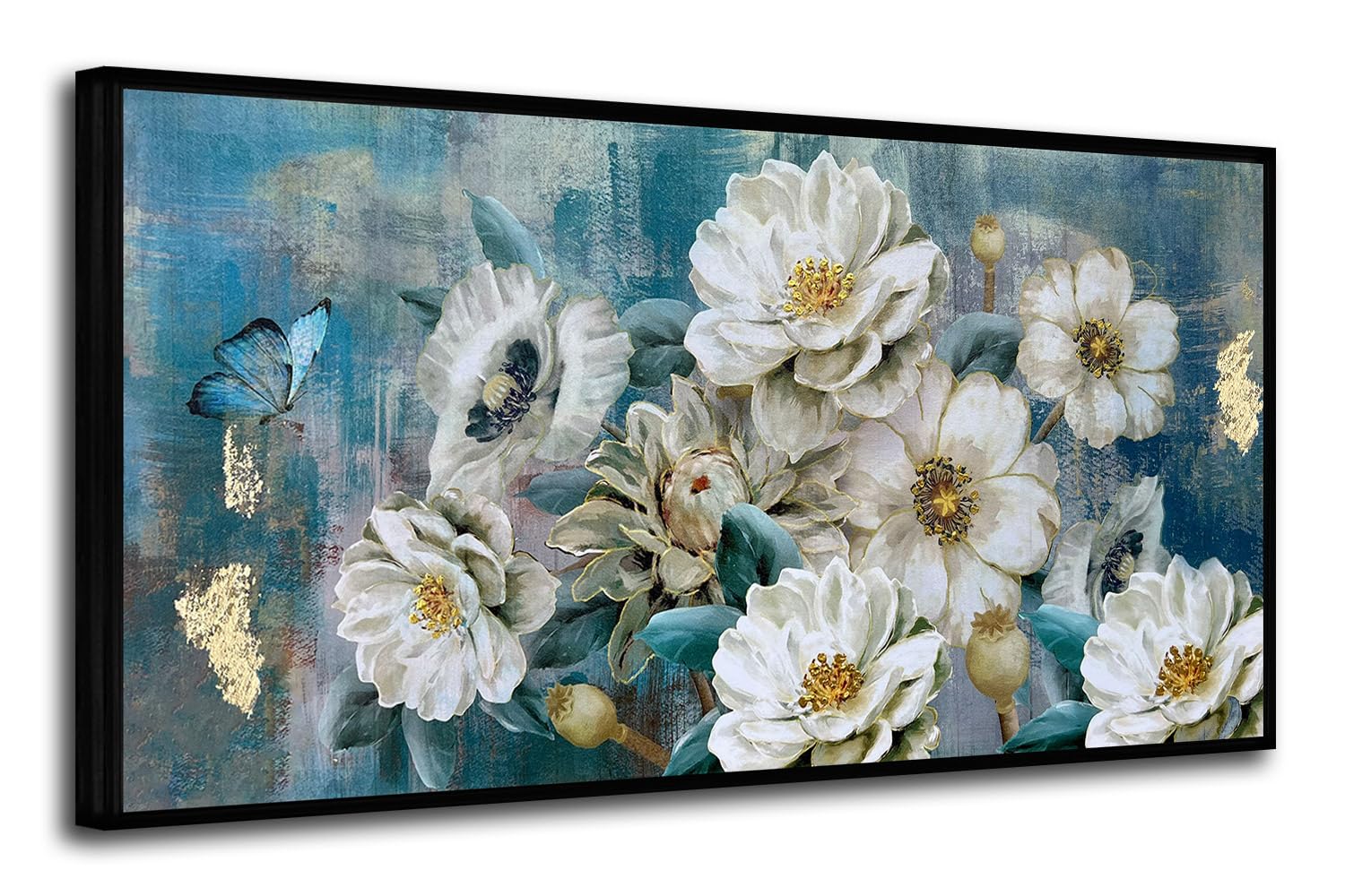 Arjun Large Black Framed Flower Canvas Wall Art for Living Room White Elegant Modern Painting for Bedroom Textured Gold Foil Turquoise Picture Floral Teal Artwork Home Office Decor, 48"x24"