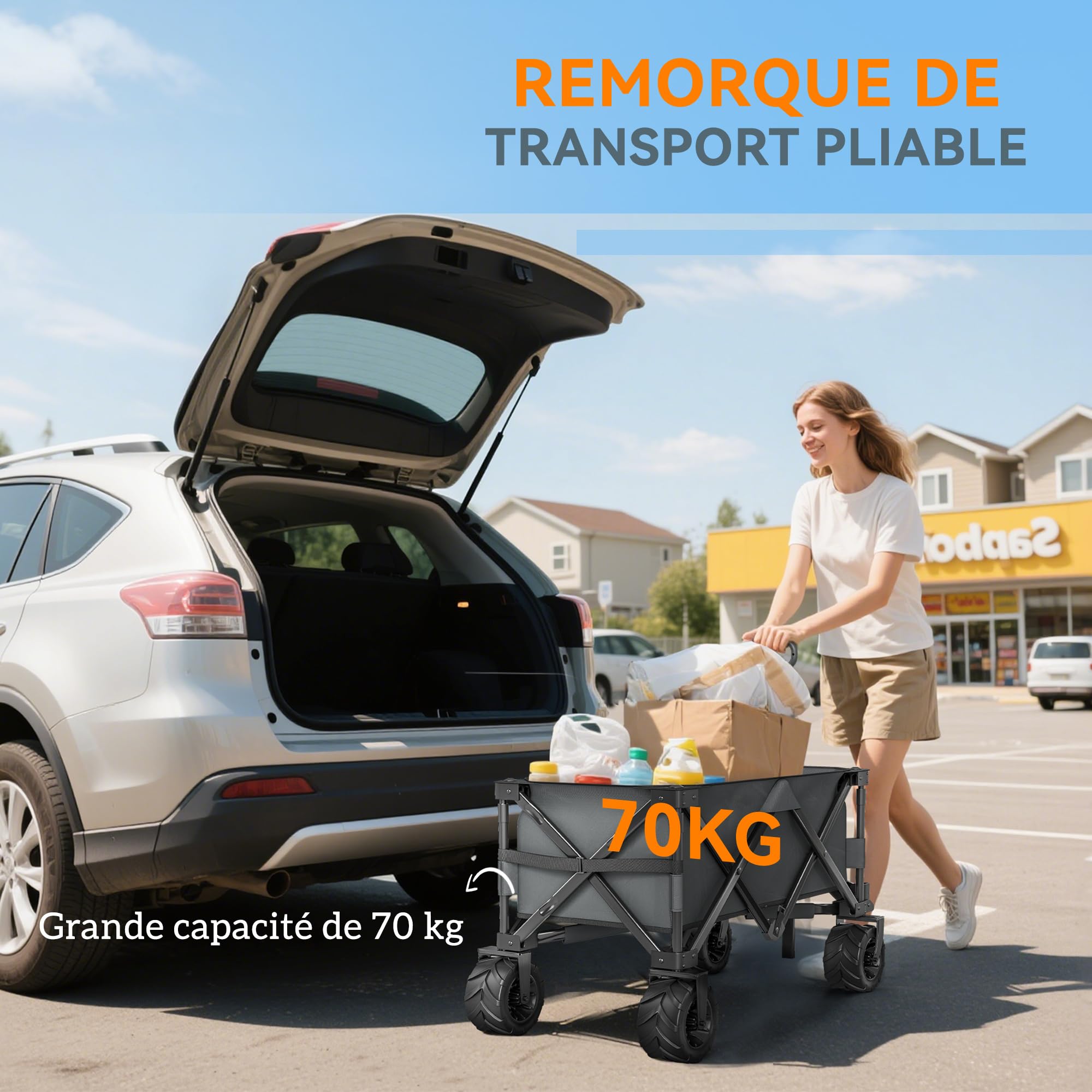 Outsunny Chariot de Plage Pliable Poignée Réglable 70 kg Gris Foncé | Chariot de Transport à Roulettes Tout Terrain, Charrette pour Extérieur Camping Pique-Nique