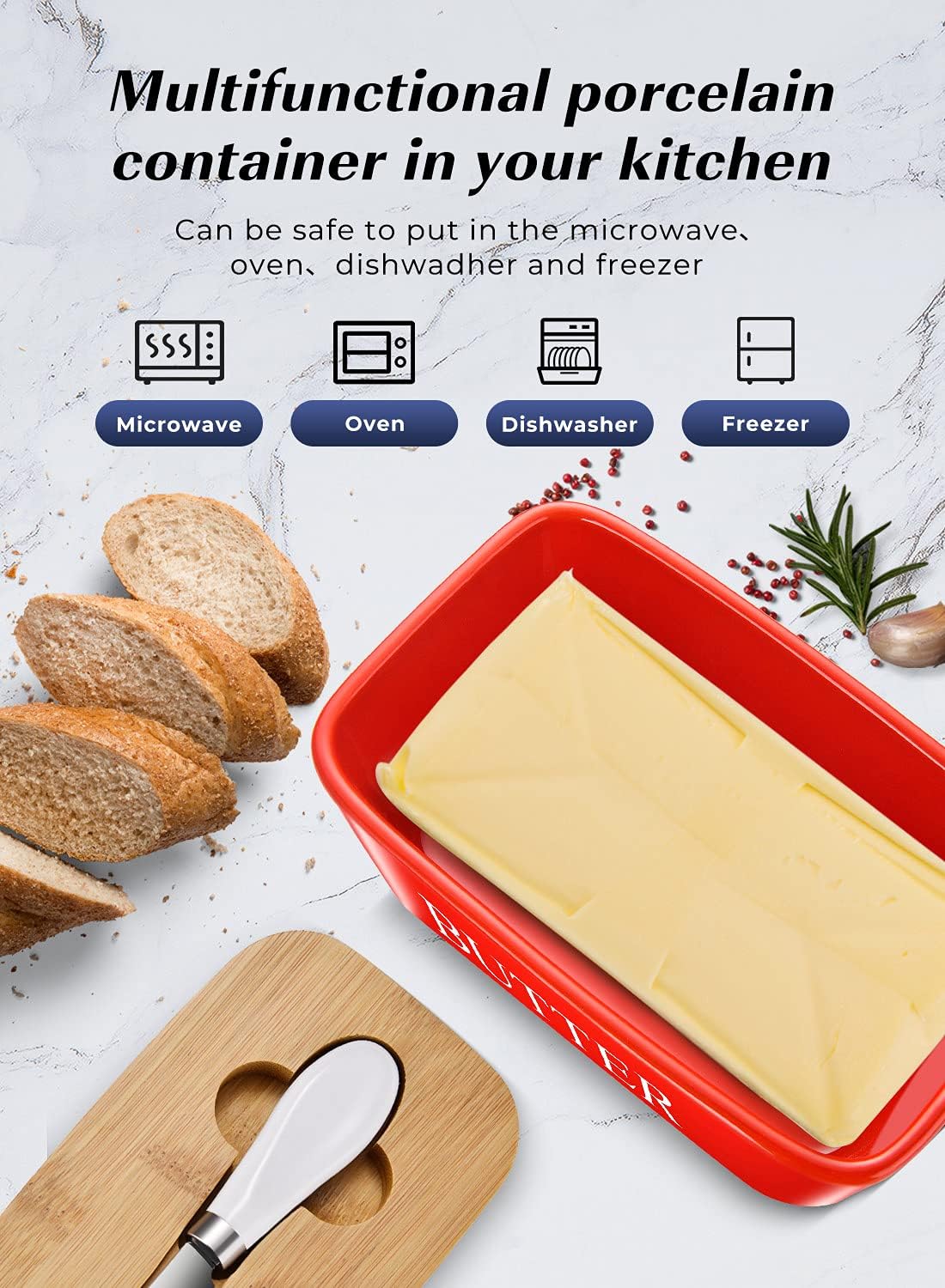 Large Butter Dish,Ceramic Butter Dish with lid and knife, Butter Keeper Double Silicone Seals, Easy Clean, Butter Dishes with Covers Perfect for 2 Sticks of Butter West or East Coast Butter, Red