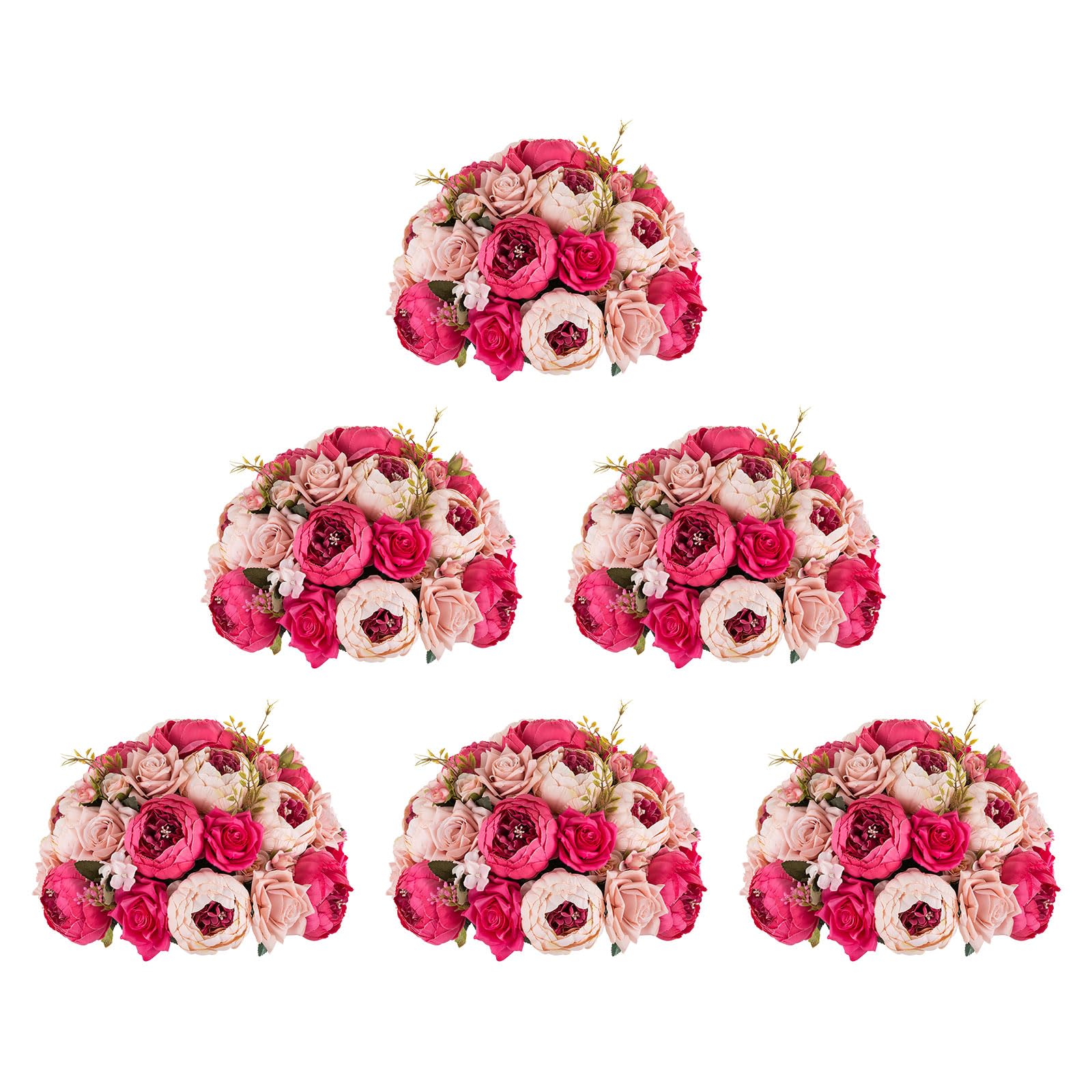 BLOSMON Artificial Flowers Balls Wedding Centerpieces 6 Pcs 13.3" Dark Pink Fake Peonies Center Pieces Decoration for Table Kissing Ball Floral Arrangements, Base with Faux Peony Party Home Decor
