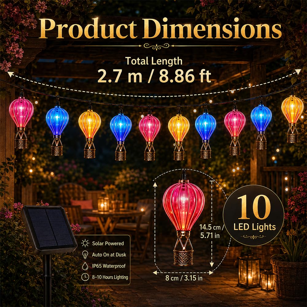 10er Solar Heißluftballon, 2,7m Solarlampen für Außen Hängend, Bunte Lichterkette Lampions Außen Wetterfest für Garten, Terrasse, Balkon & Rasen