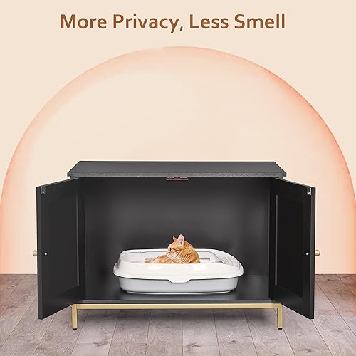Homhedy Cat Litter Box Enclosure, Cat Washroom Furniture with Metal Frame, Pet House, Fit Most of Litter Box, Modern Style, Green and Gold(Black,28.3"L x 17.7"W x 21.7"H)