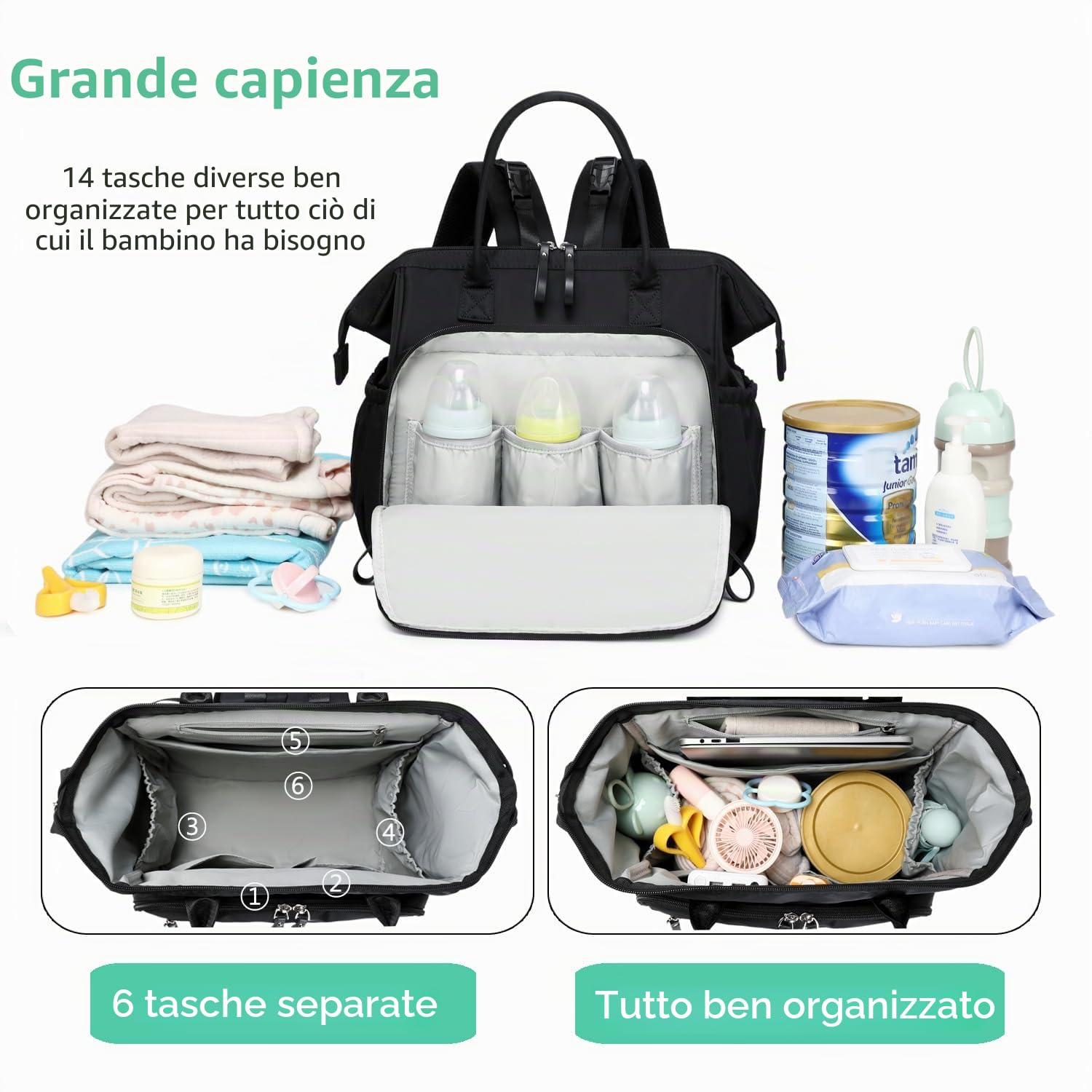 LORADI Convertible Diaper Bag Tote, Wide Open Top 14 Pockets Nappy Changing Backpack with Stroller Buckle, Water-resistant