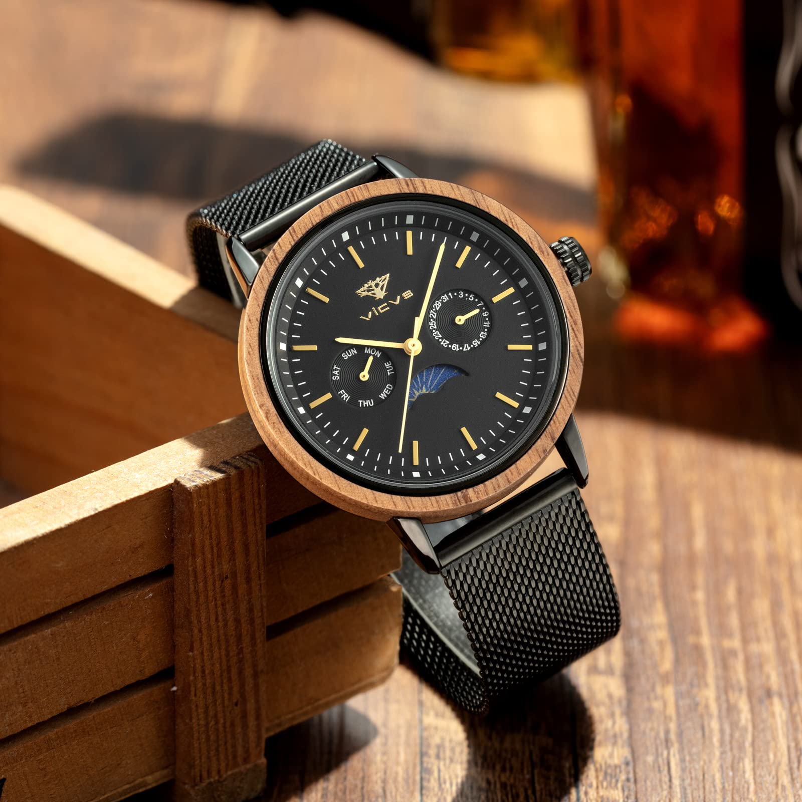 Orologio in Legno e Acciaio Inossidabile da Uomo - Con Data e Fase Lunare, Stile Casual e Sportivo