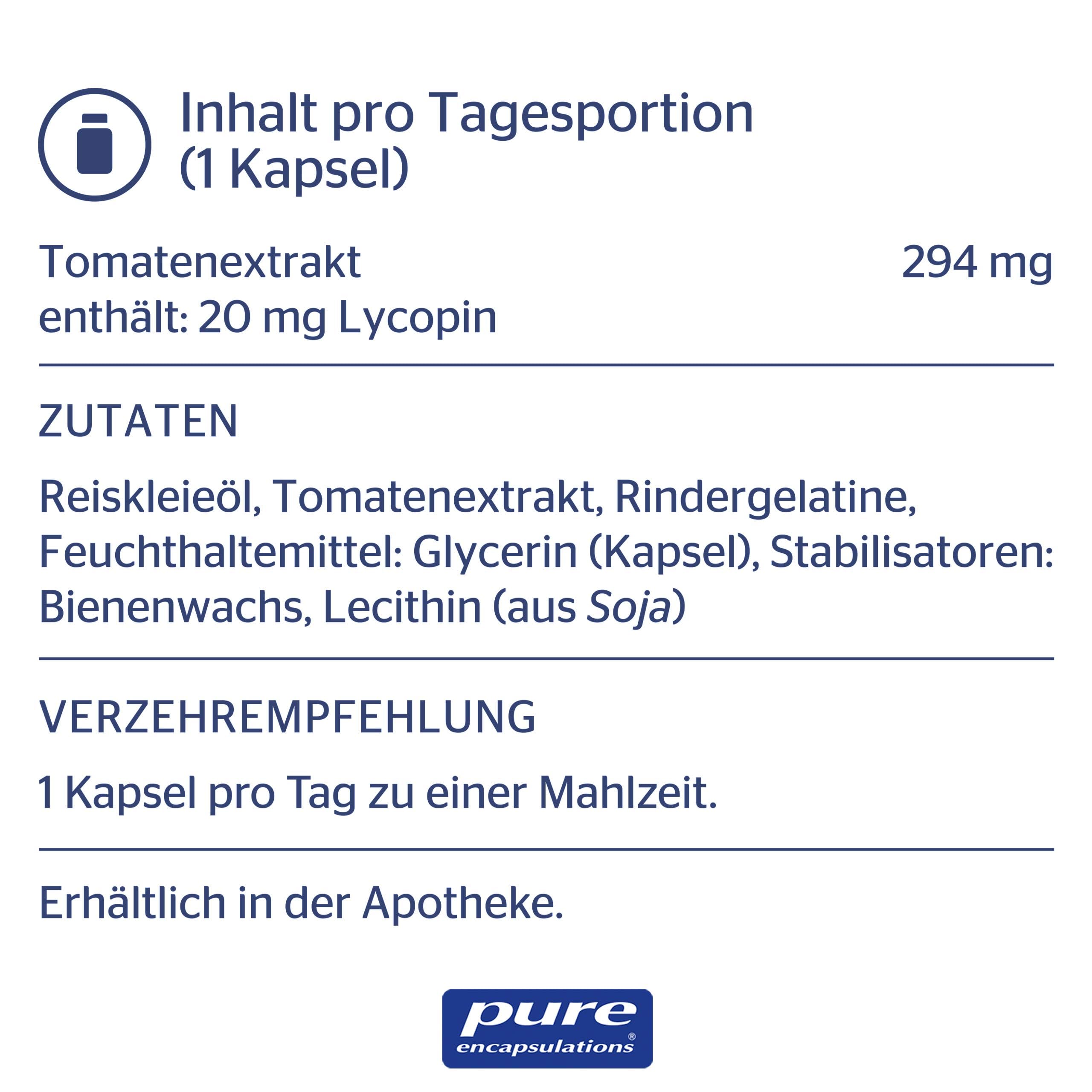 Pure Encapsulations - Lycopene 20 mg - Natürliches Carotinoid aus Tomaten - Unterstützung von verschiedenen Organen - 60 Kapseln