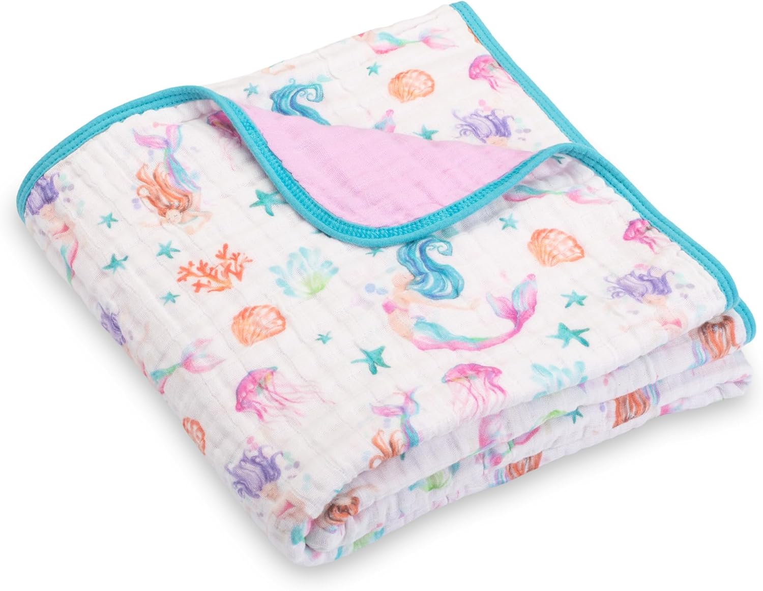 LollyBanks Muslin Baby Quilt, 6-Layer 100% Organic Cotton Baby Blanket for Girls, Soft and Breathable Toddler Quilt, Lightweight Infant Blanket for Crib or Stroller, Newborn Essentials (Mermaid Print)