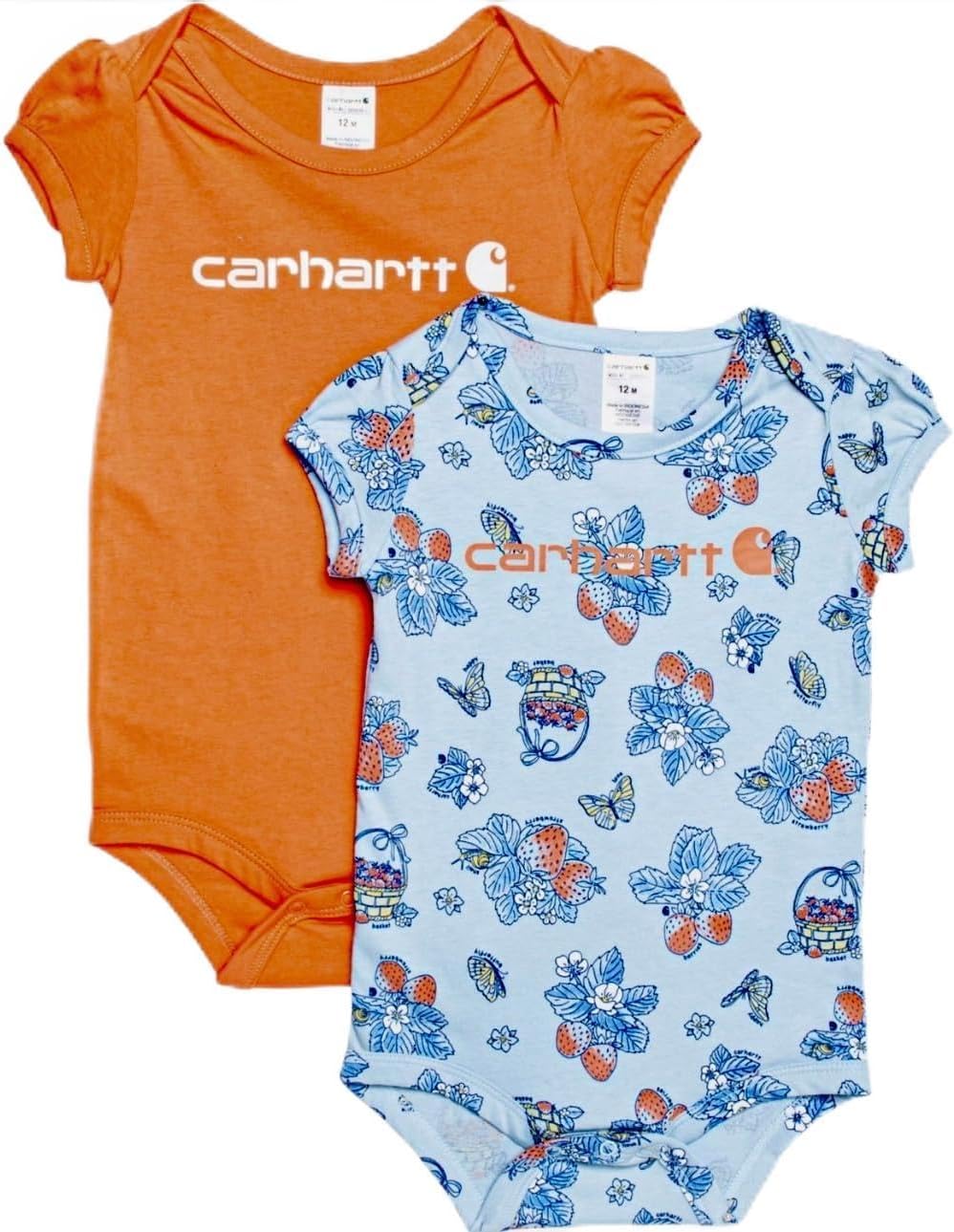 Carhartt Baby Girls' 2 Pack Bodysuit Light Blue/Orange, 18 Months
