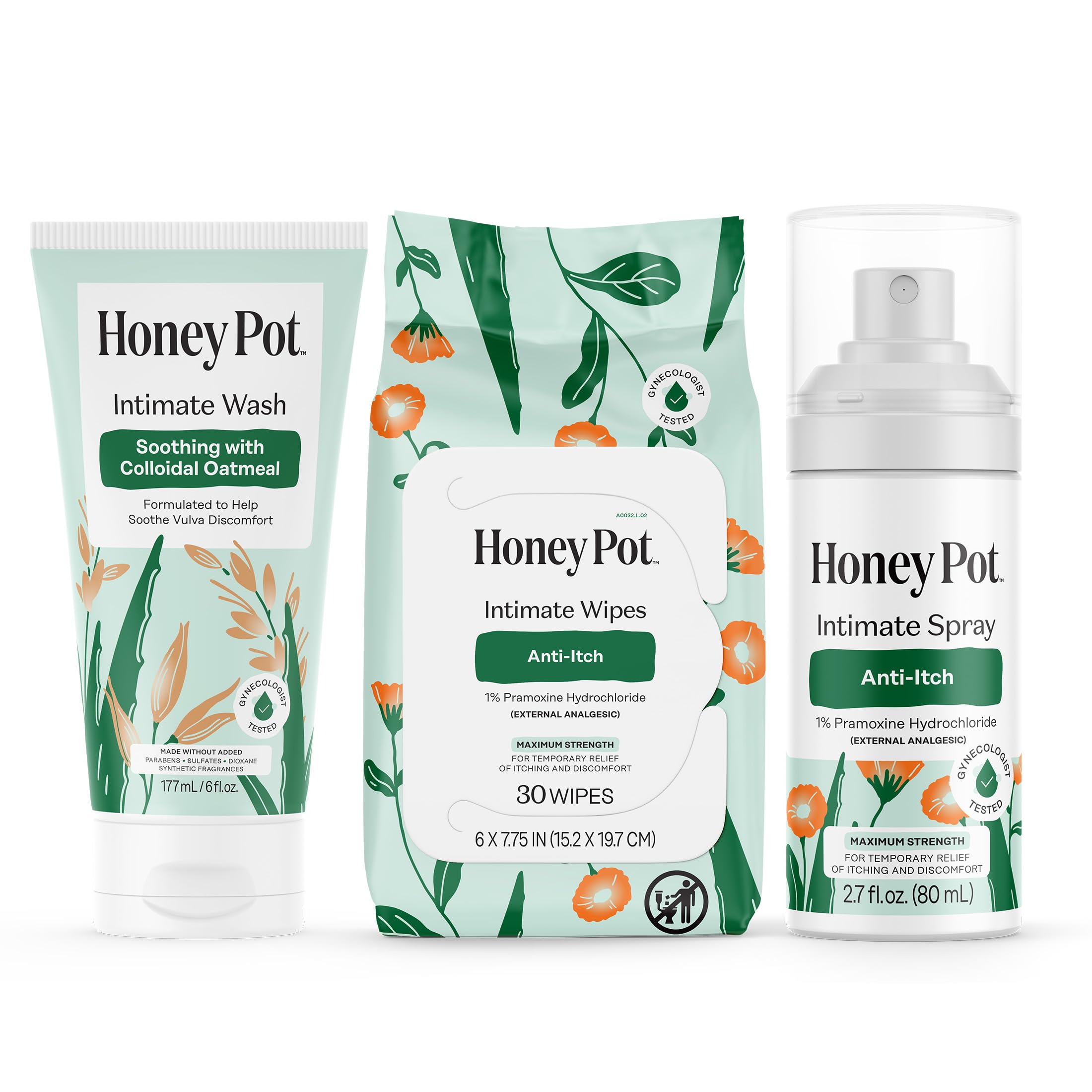The Honey Pot Company - Anti-Itch Soothing Wash Wipes Anti-Itch Spray Bundle - At Home or On the