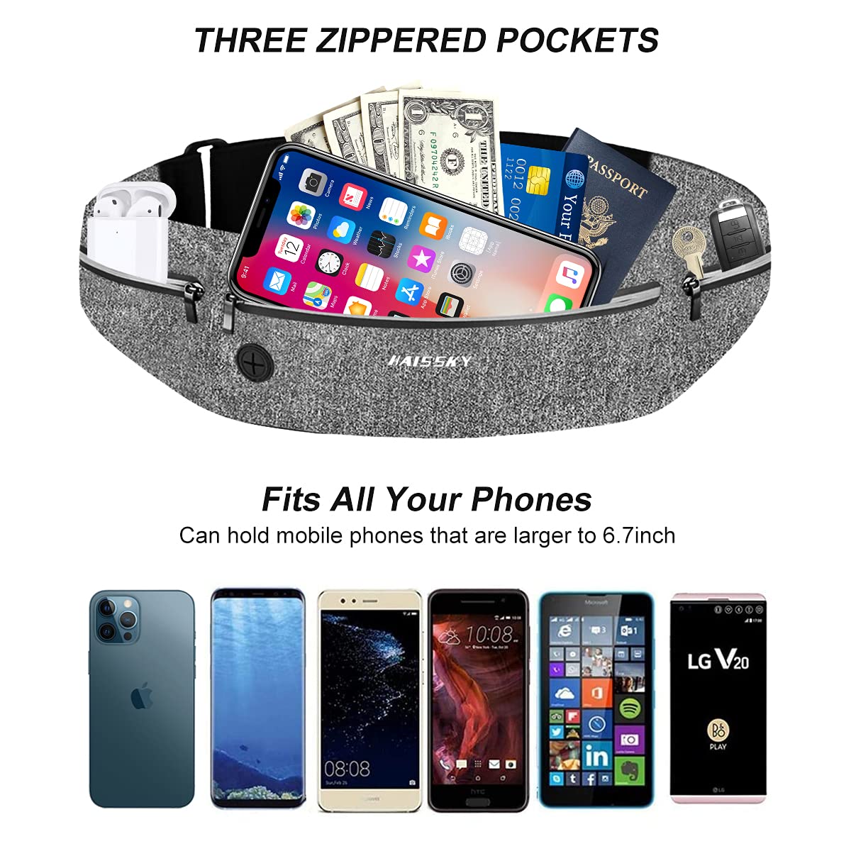 Cintura da corsa sottile per donne e uomini con 3 tasche, impermeabile alla moda cintura fitness per telefono passeggiate, escursioni, campeggio, jogging, aria aperta,Taglia universale