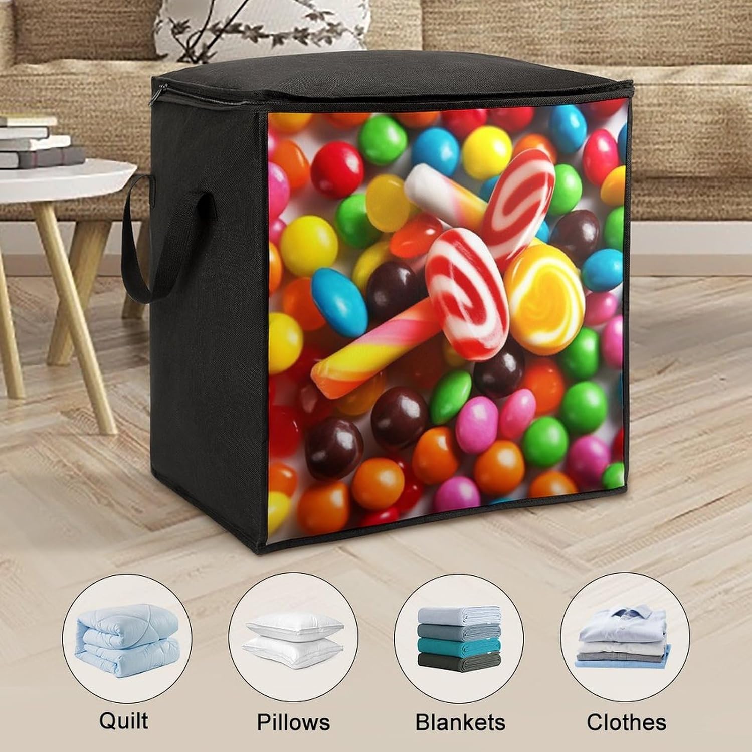 Quilt Storage Bag,Colorful Candy Printed Large Foldable Storage Container Portable Travel Storage Bag for Blankets, Quilts, Clothes, Comforter, Bedding And Pillows