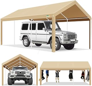 COBIZI Carport 10x20ft Heavy Duty Portable Garage, 2.0 Powder Coated Frame(Better Than Galvanized), Waterproof Shelter with Built-in Sandbags, for Car/Boat/SUV, Khaki