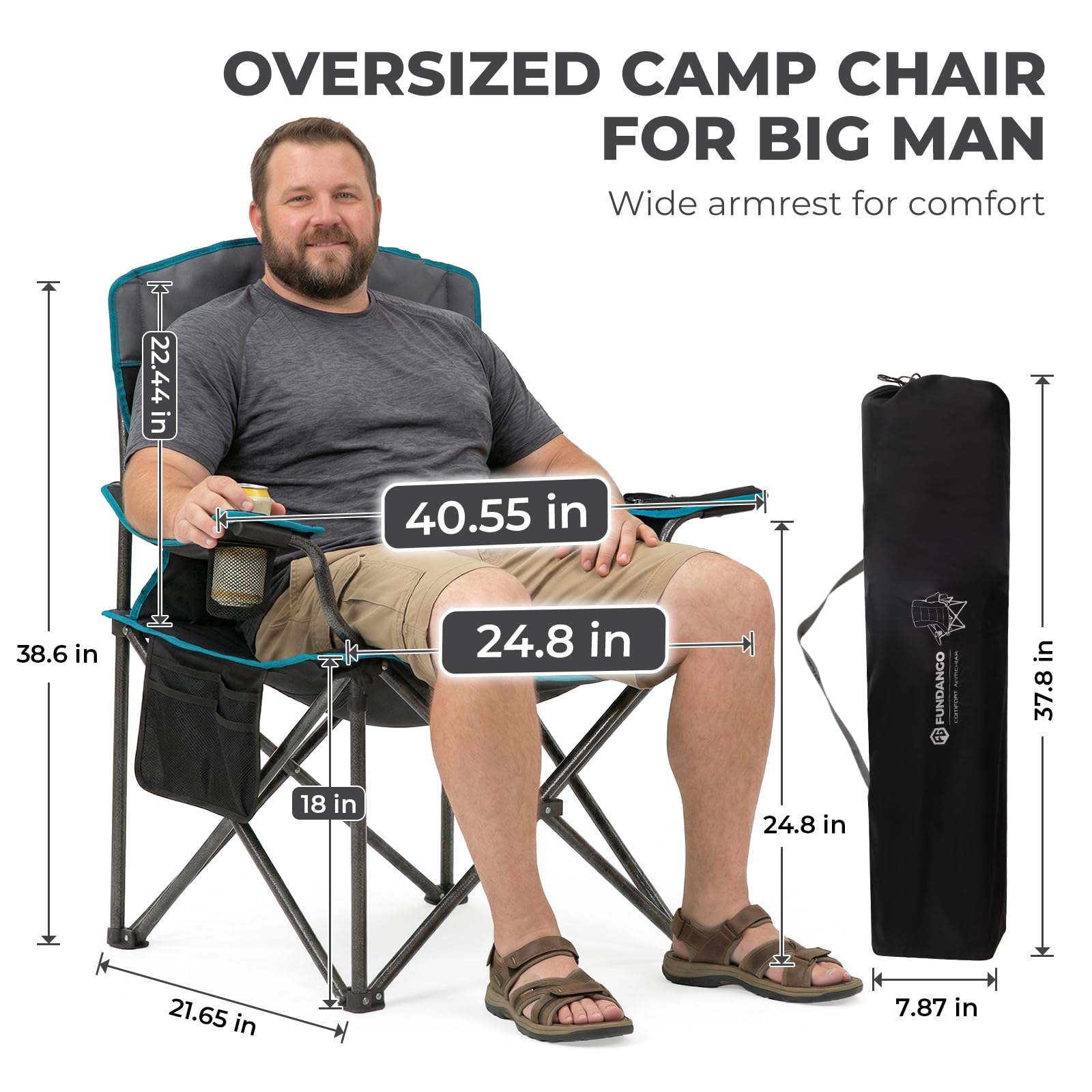 Condition photo showing New/Like New for fundango oversized camp chair, 2 pack,550lbs heavy duty portable foldable lawn chair with padded lumbar support seat & back, 4-can cooler & cup holder, carry bag included for outdoor (black/grey)