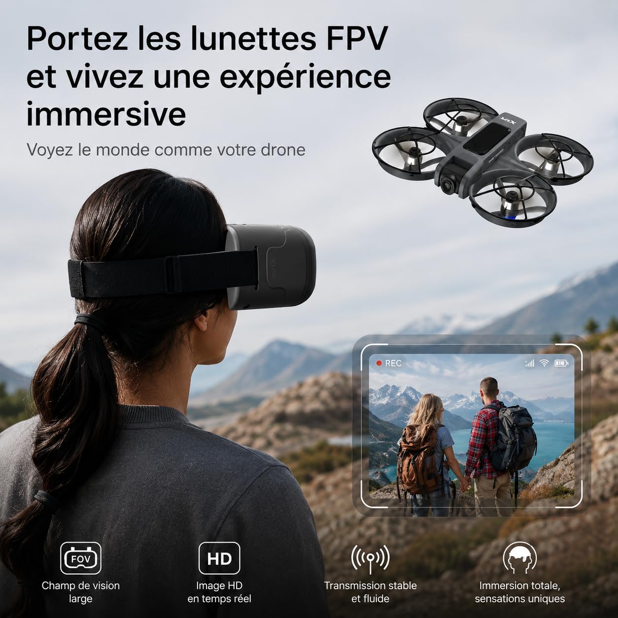 X226 VR Drone FPV con Occhiali VR, Fotocamera 720P, Motore Brushless, Stabilizzazione Ottica, Acrobazie 360°, Modalità Principiante e Doppia Fotocamera