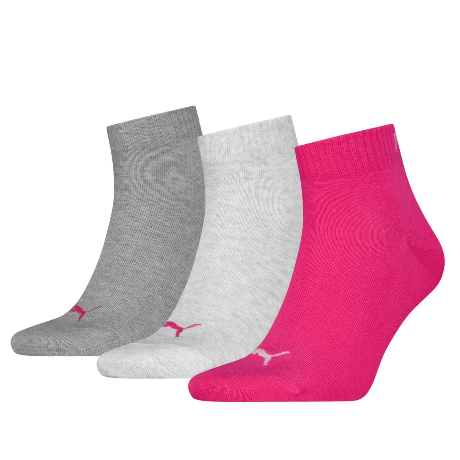 PUMA Sports Ankle Trainer Socks Unisex Quarters (3 Pair Packs) Everyday Comfort - Middle Grey Melange/Pink UK 2.5-5